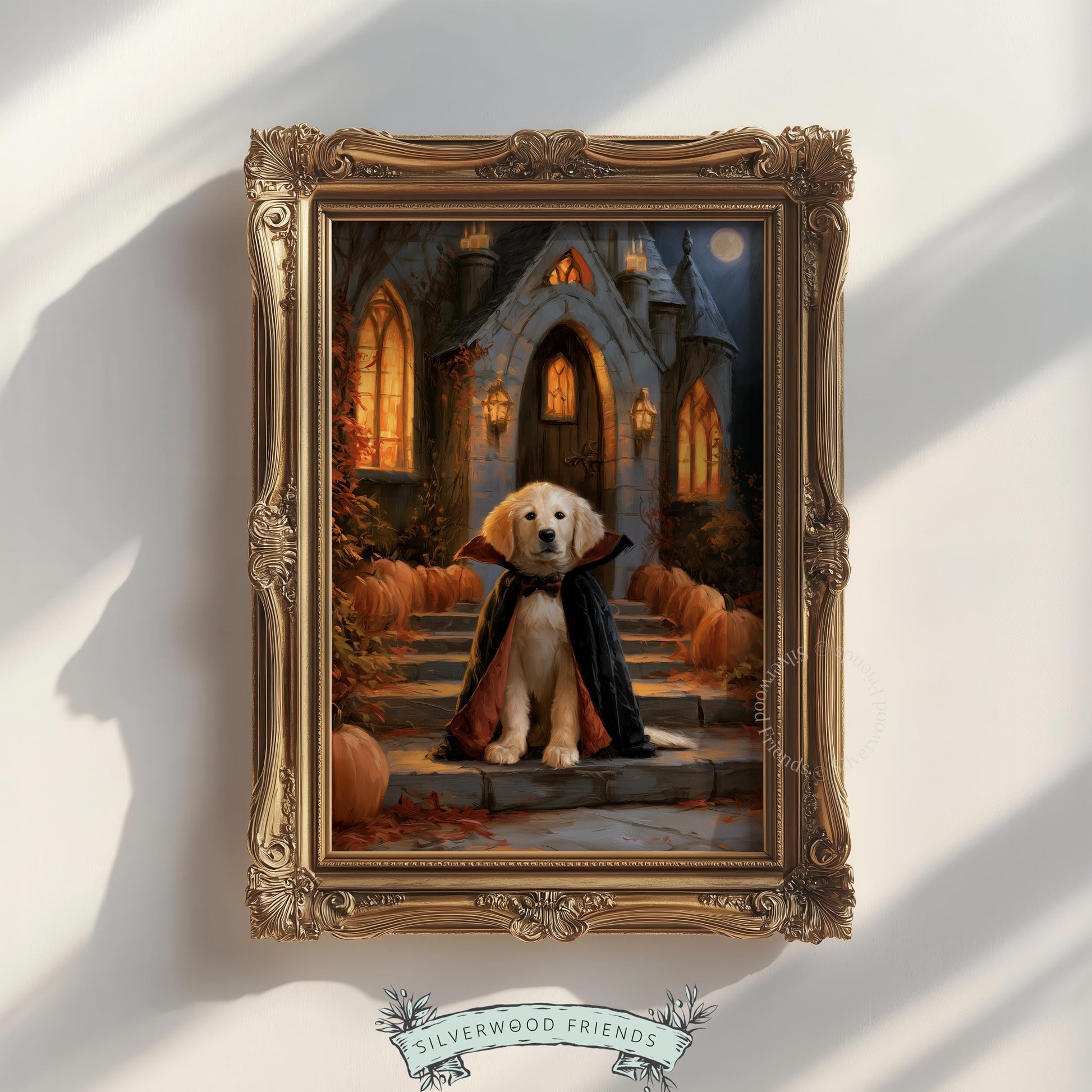 Puppy vampire costume digital print for living room — rustic autumn dark academia wall art with candlelit glow