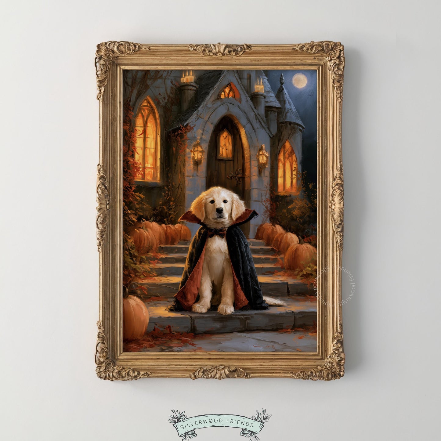 Golden retriever in black cape poster for entryway — dark academia spooky season illustration with castle backdrop