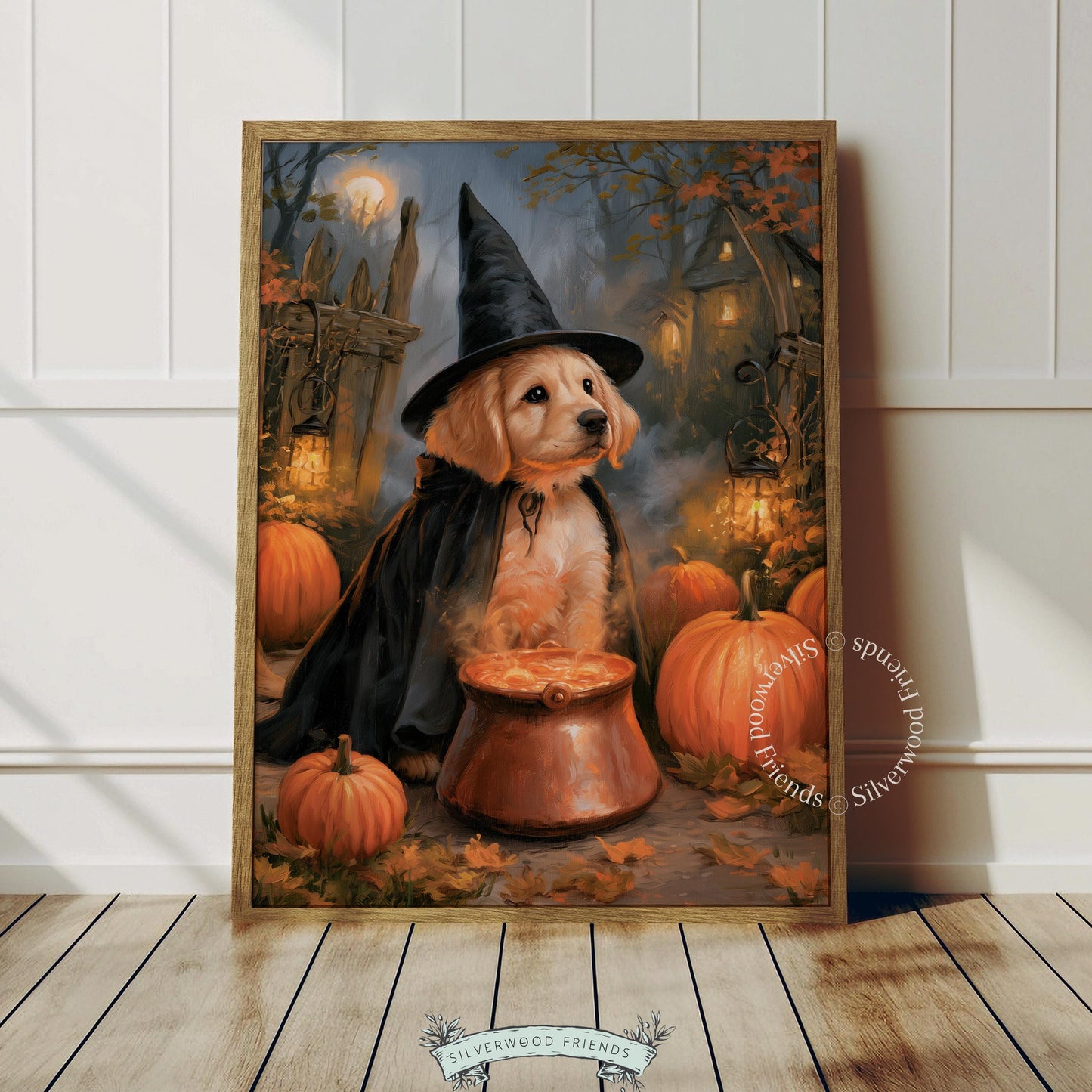 Dark academia puppy poster wall art — cozy witch aesthetic with moonlit haunted house and golden tones