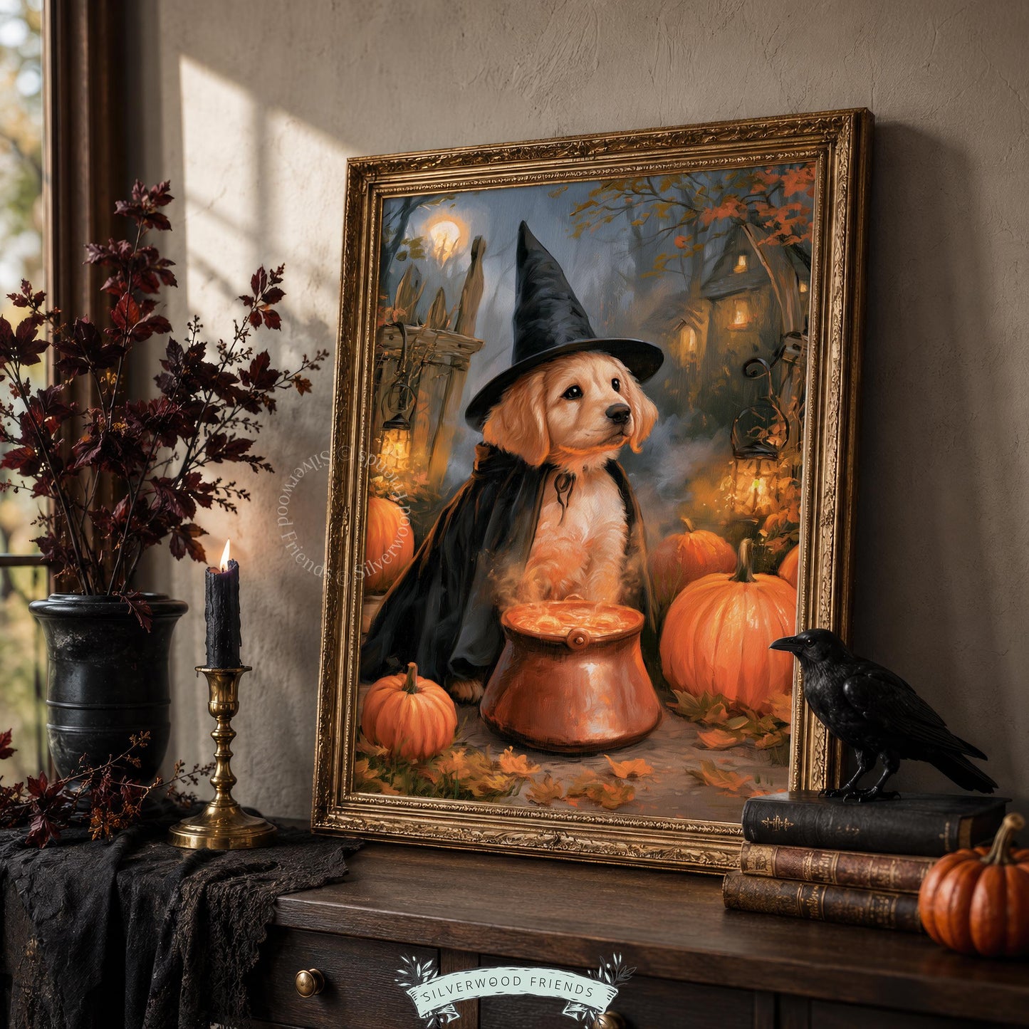 Cute witch pup wall art instant download — festive Halloween aesthetic with rich moody autumn tones