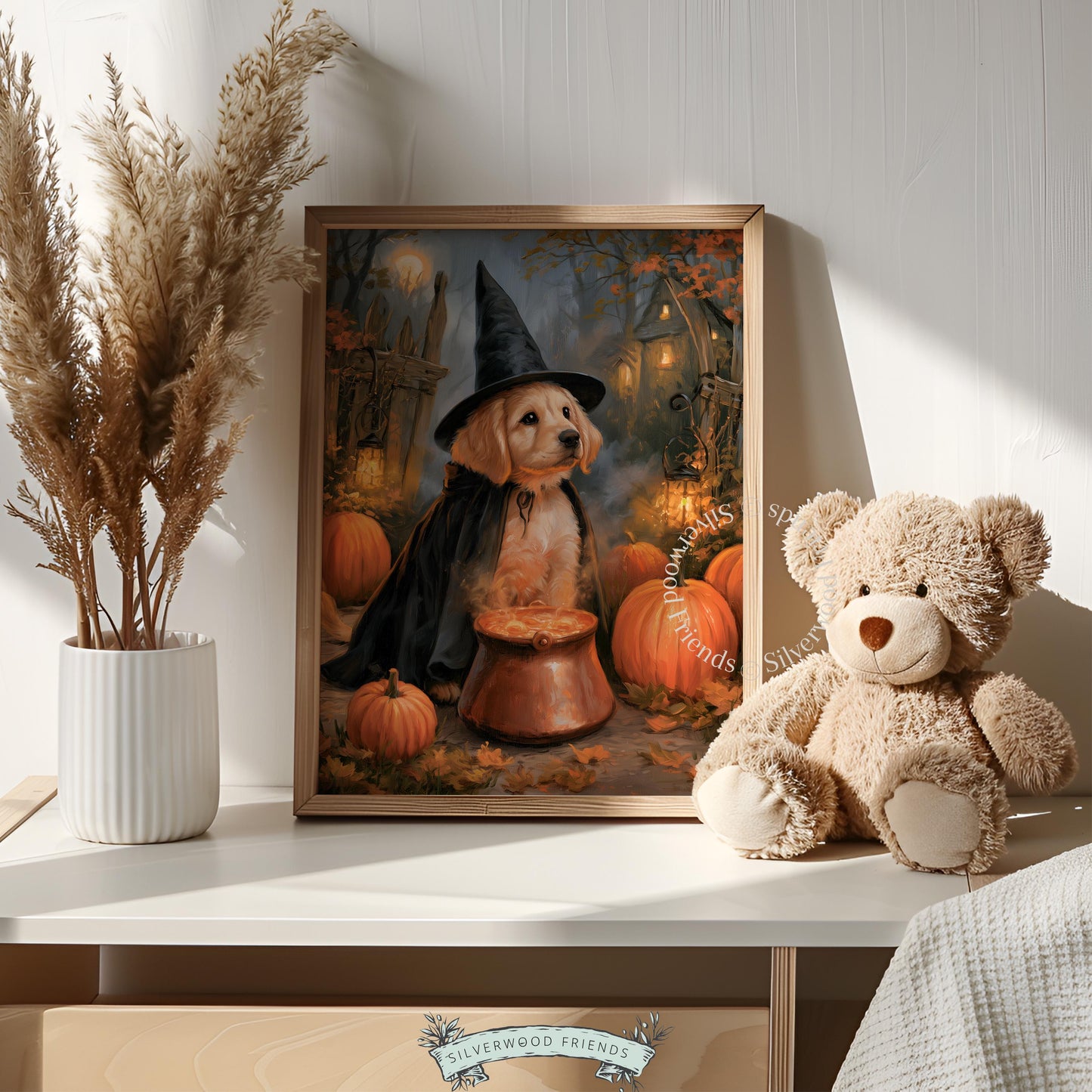 Witchy pup wall print for living room — cozy Halloween artwork featuring lanterns, pumpkins, and atmosphere