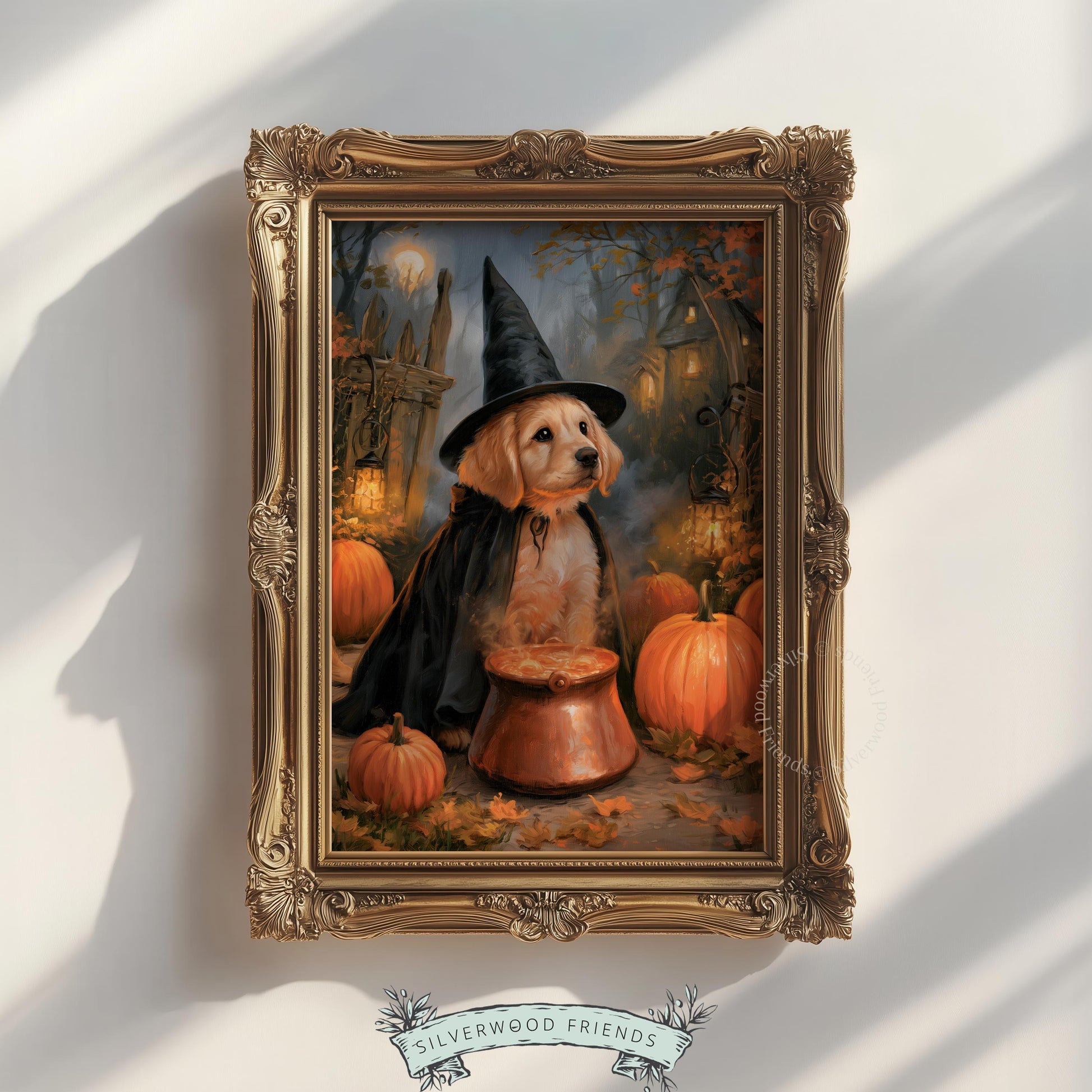 Adorable pup witch poster for fall — vintage portrait feel with copper cauldron and autumn landscape