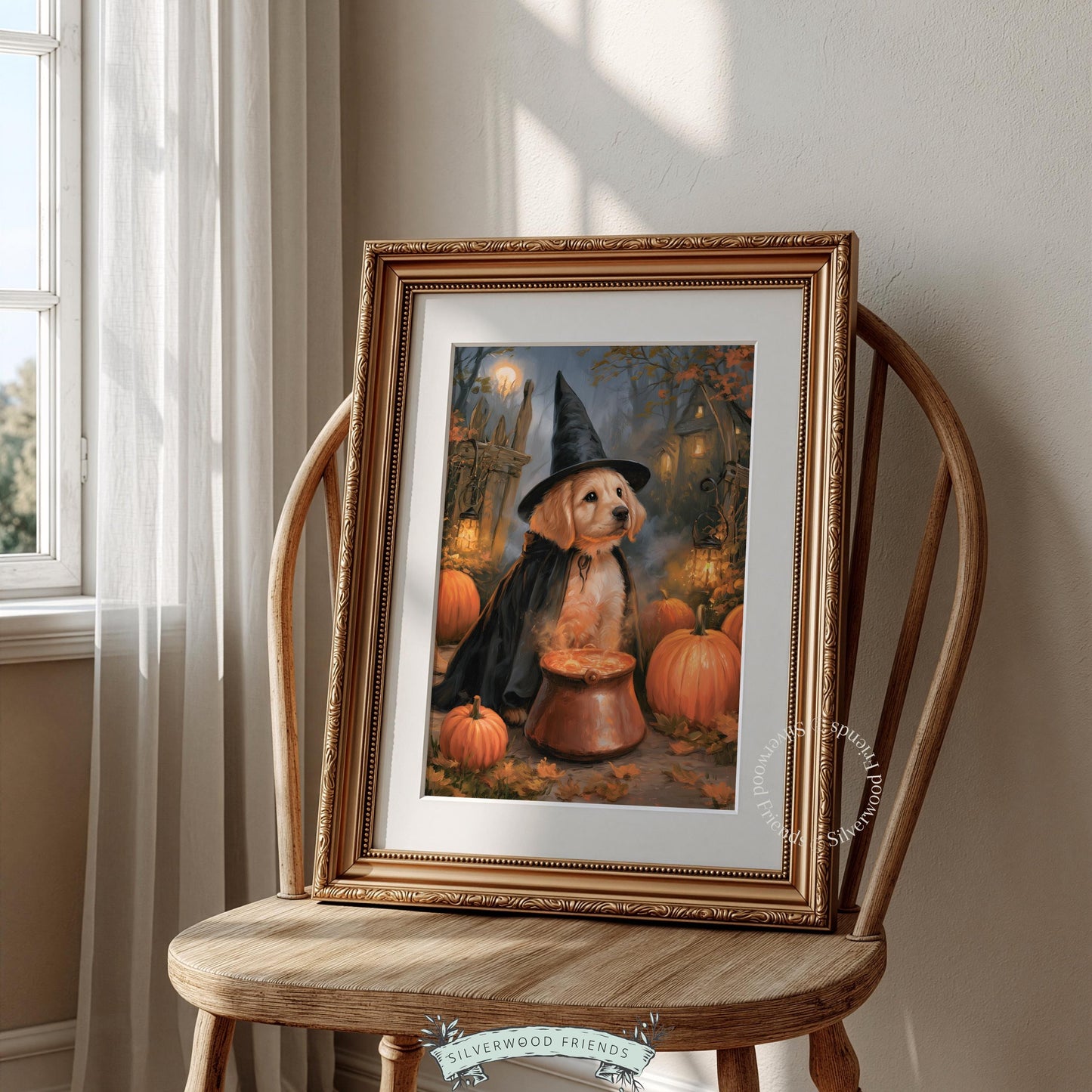 Spooky-cute puppy artwork for nursery — dog dressed as witch surrounded by pumpkins and dark trees