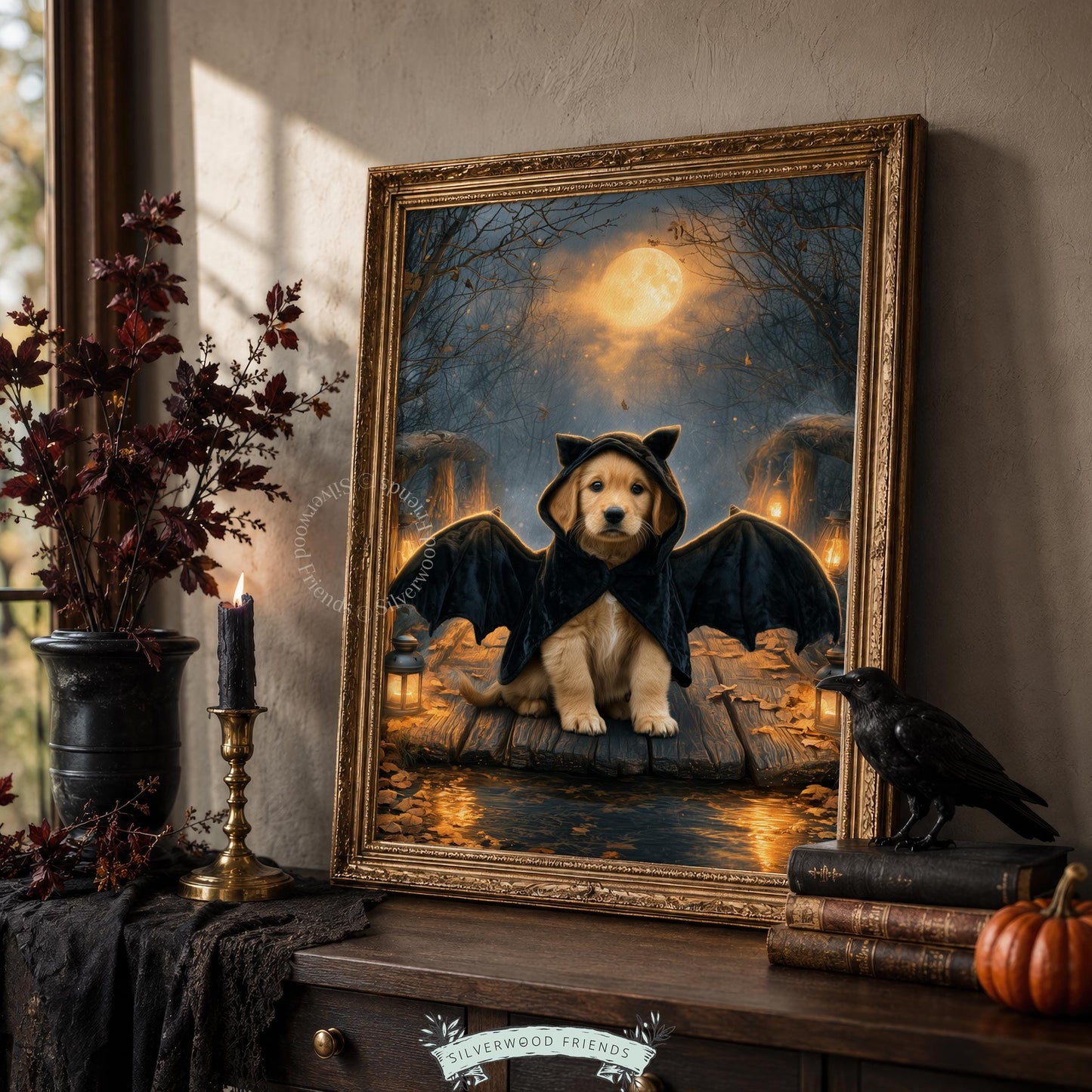 Golden retriever in winged disguise picture printable — spooky-cute seasonal decor featuring moody twilight ambiance