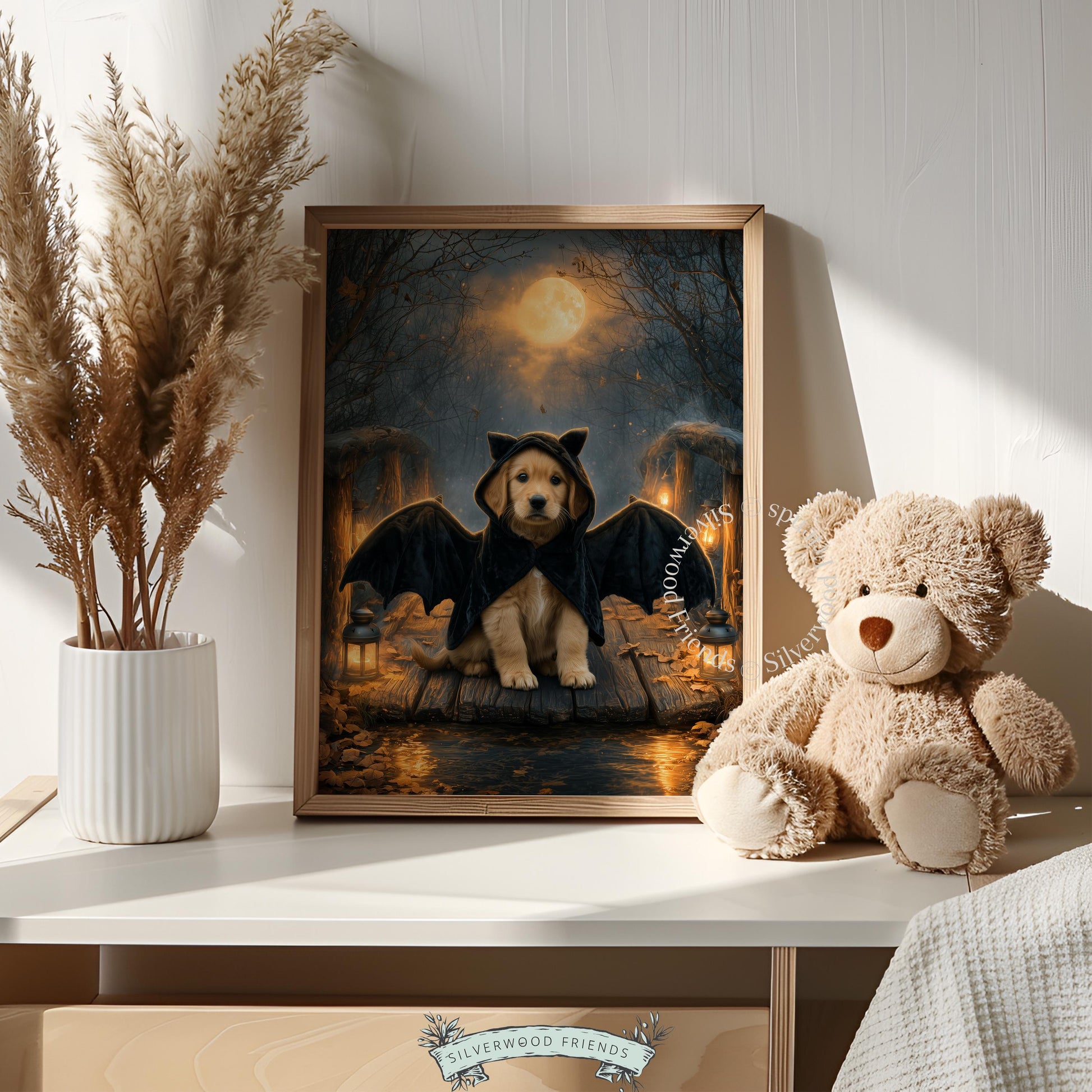 Golden retriever puppy in bat costume printable art for bedroom — moody Halloween wall decor with lanterns and full moon
