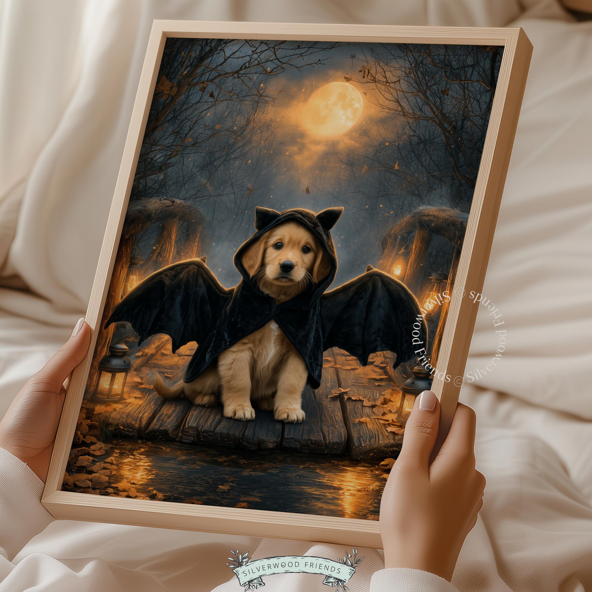 Adorable pup in Halloween outfit wall art for entryway — richly textured painting with cozy lantern glow and bare trees