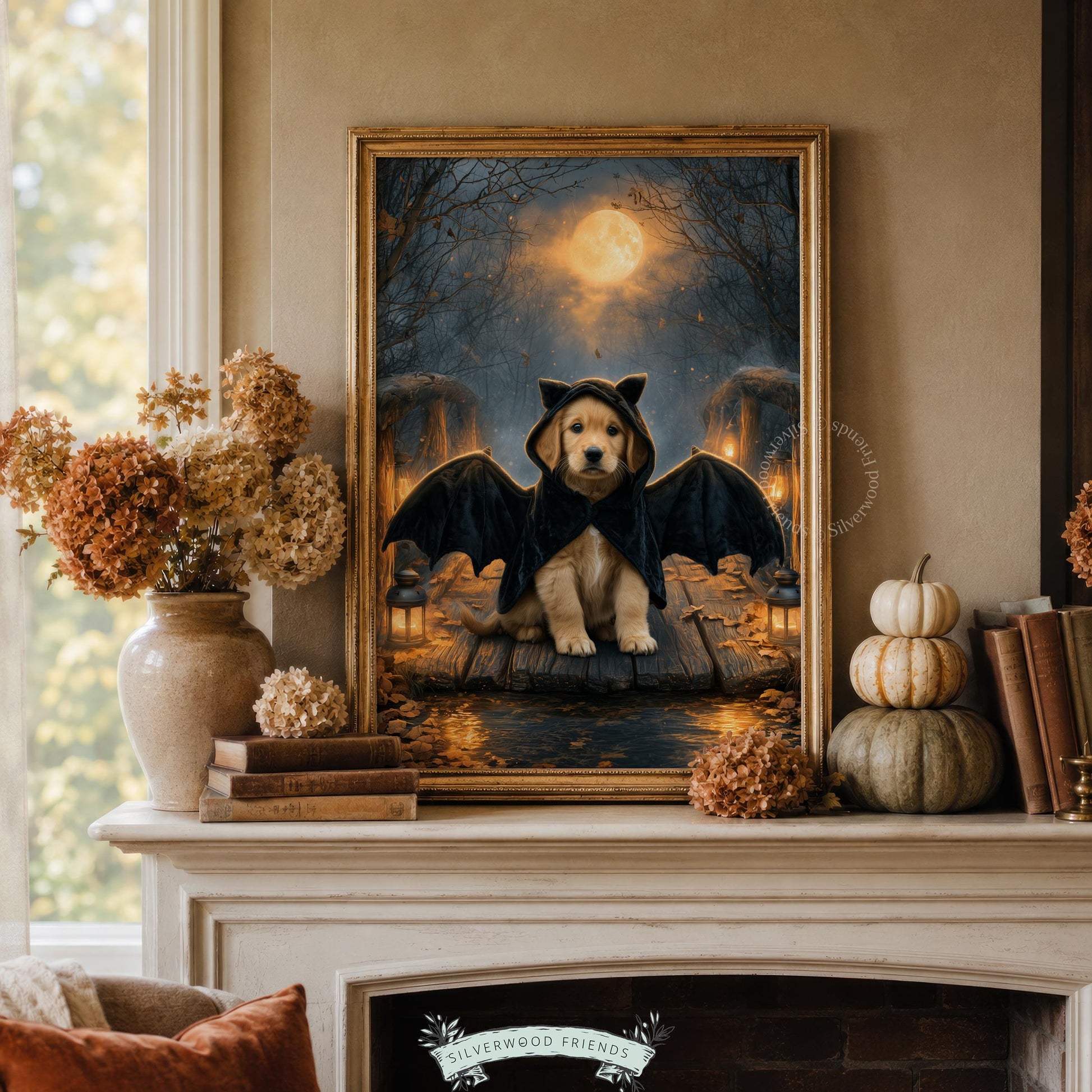 Retriever in bat hood painting for halloween display — layered digital art with lantern-lit atmosphere and moody celestial backdrop