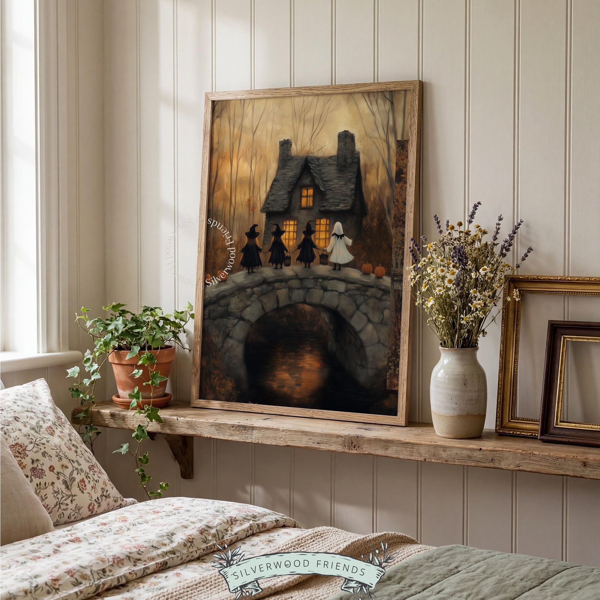 Spooky-cute seasonal wall art for entryway — folk-inspired Halloween illustration with glowing cottage silhouette