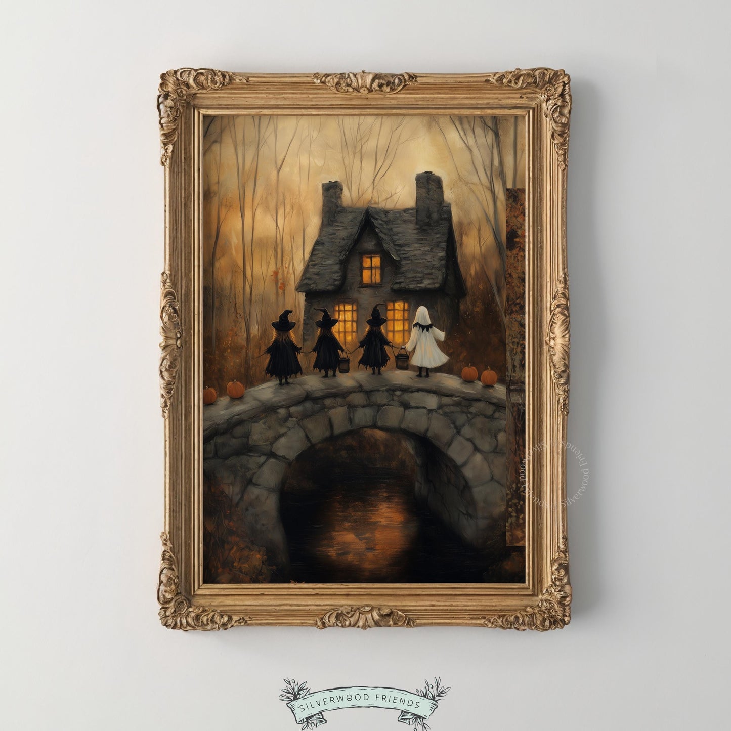 Witchy folk art painting for nursery — moody vintage Halloween scene with textured brushstrokes and cozy lighting