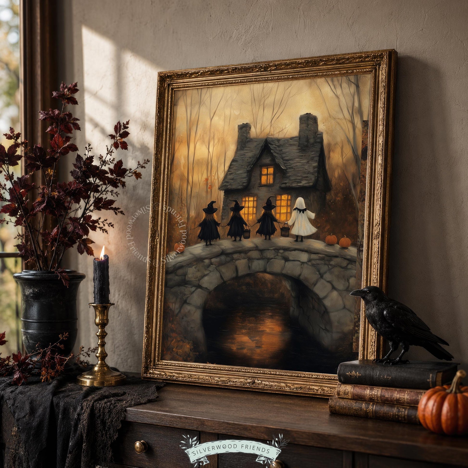 Cottagecore Halloween printable picture for den — folk art style with witch silhouettes and old stone bridge