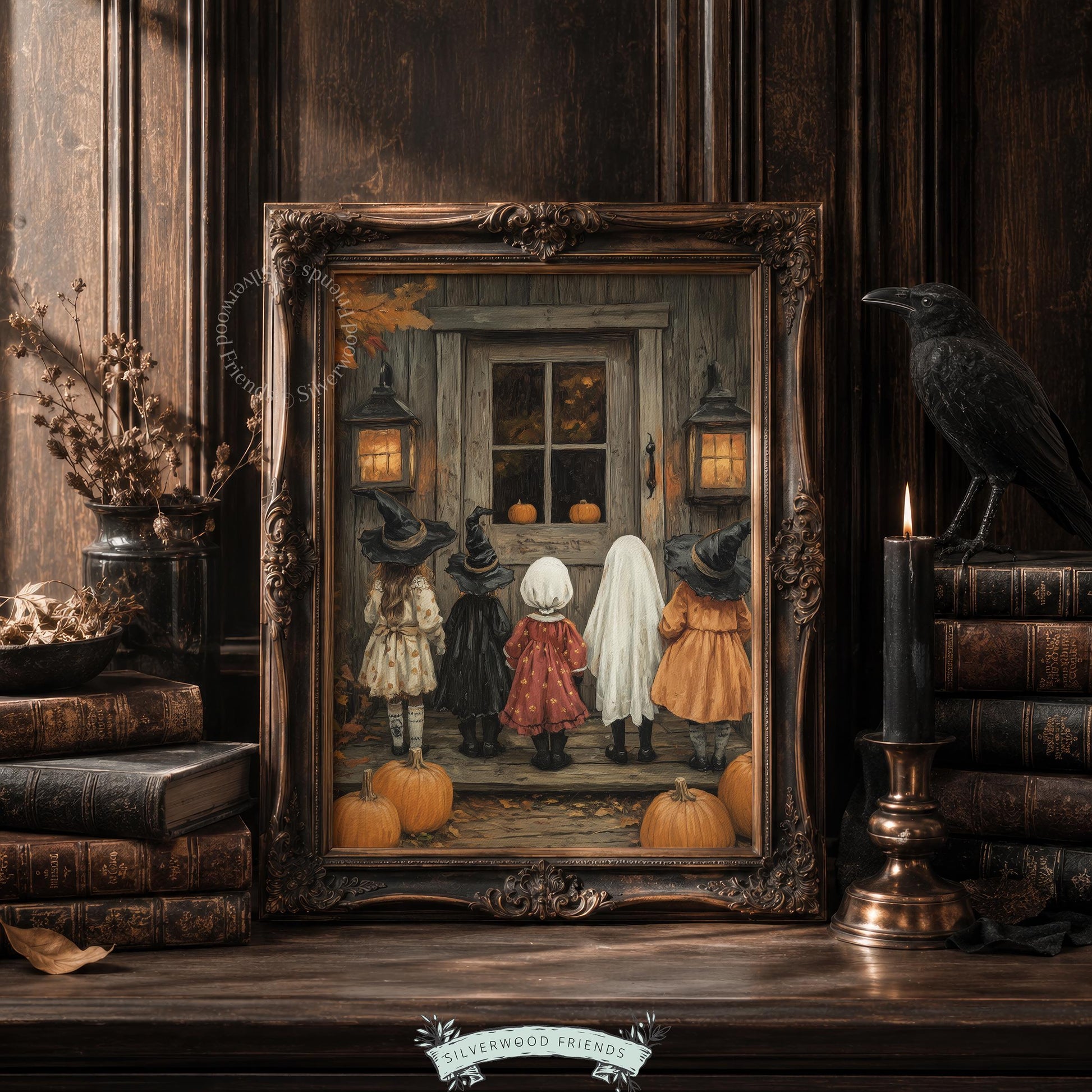 Vintage trick-or-treat scene wall art instant download — cozy Halloween illustration perfect for fall hosting decor