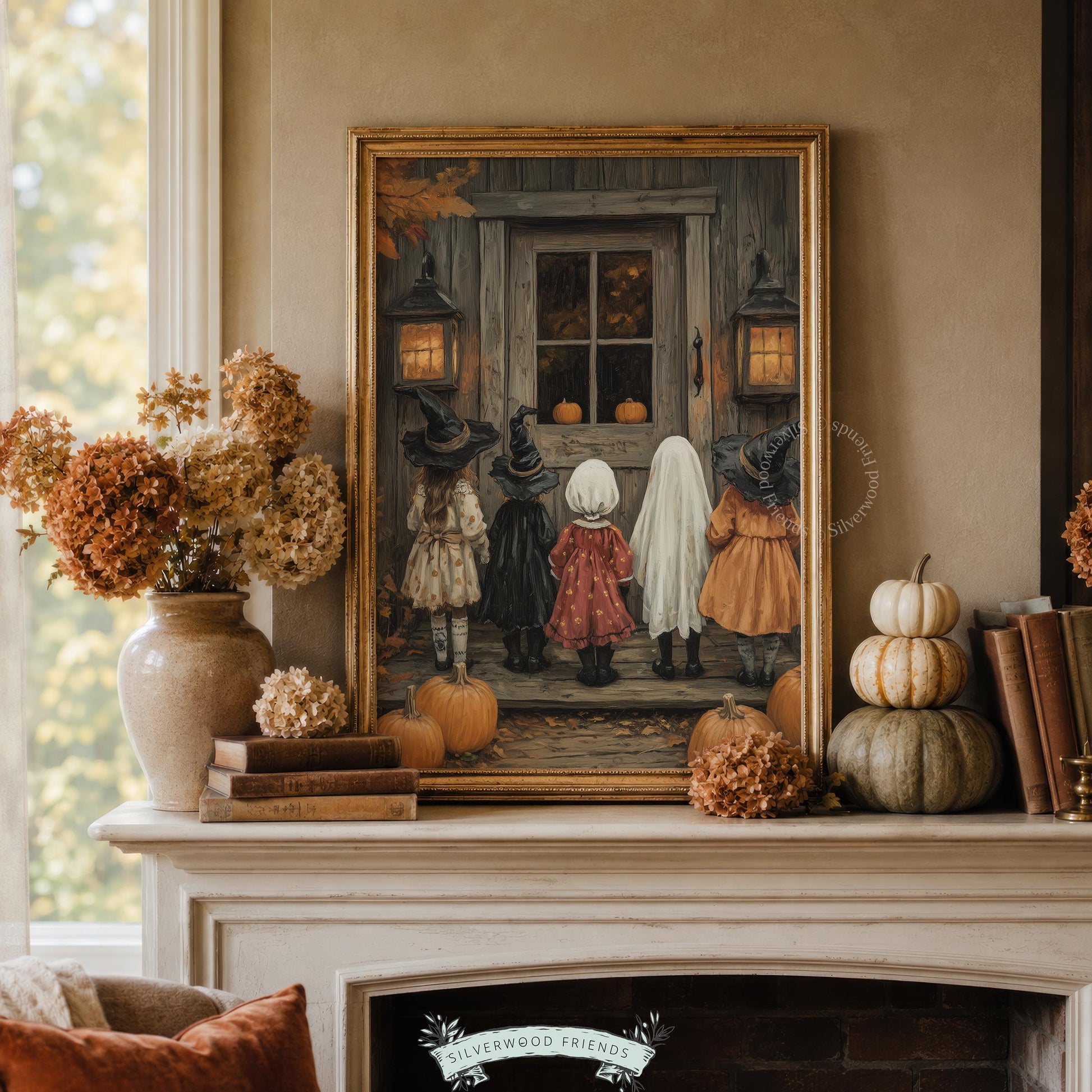 Costumed kids from behind digital print for living room — warm-toned vintage Halloween painting with witch costumes