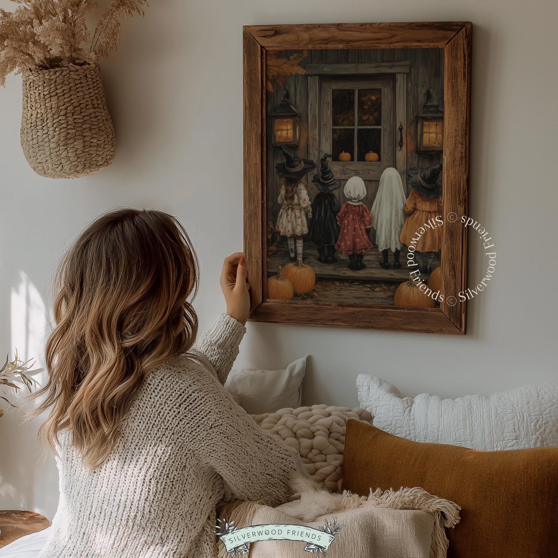 Halloween costume parade picture for kids' room — farmhouse witchy art print with glowing door and fallen leaves
