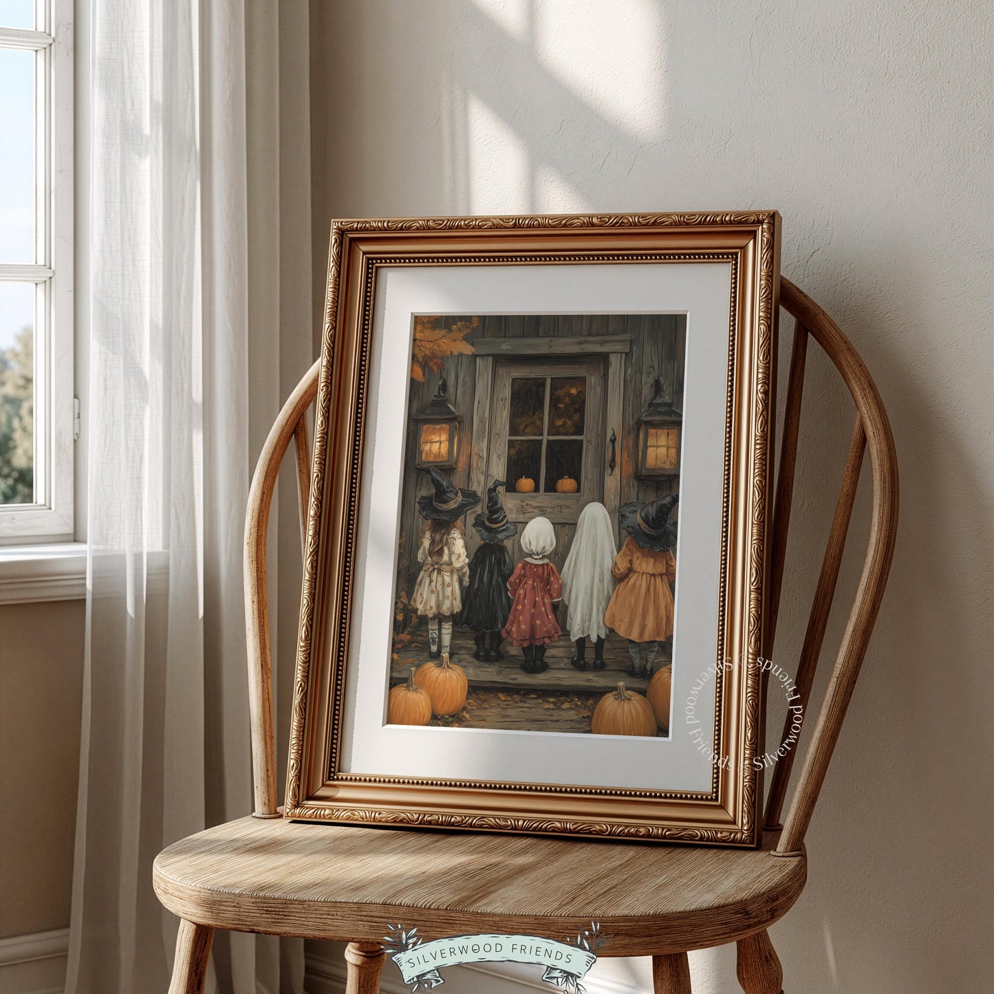Halloween children wall decor instant download — soft brushwork painted art with orange pumpkins and muted palette