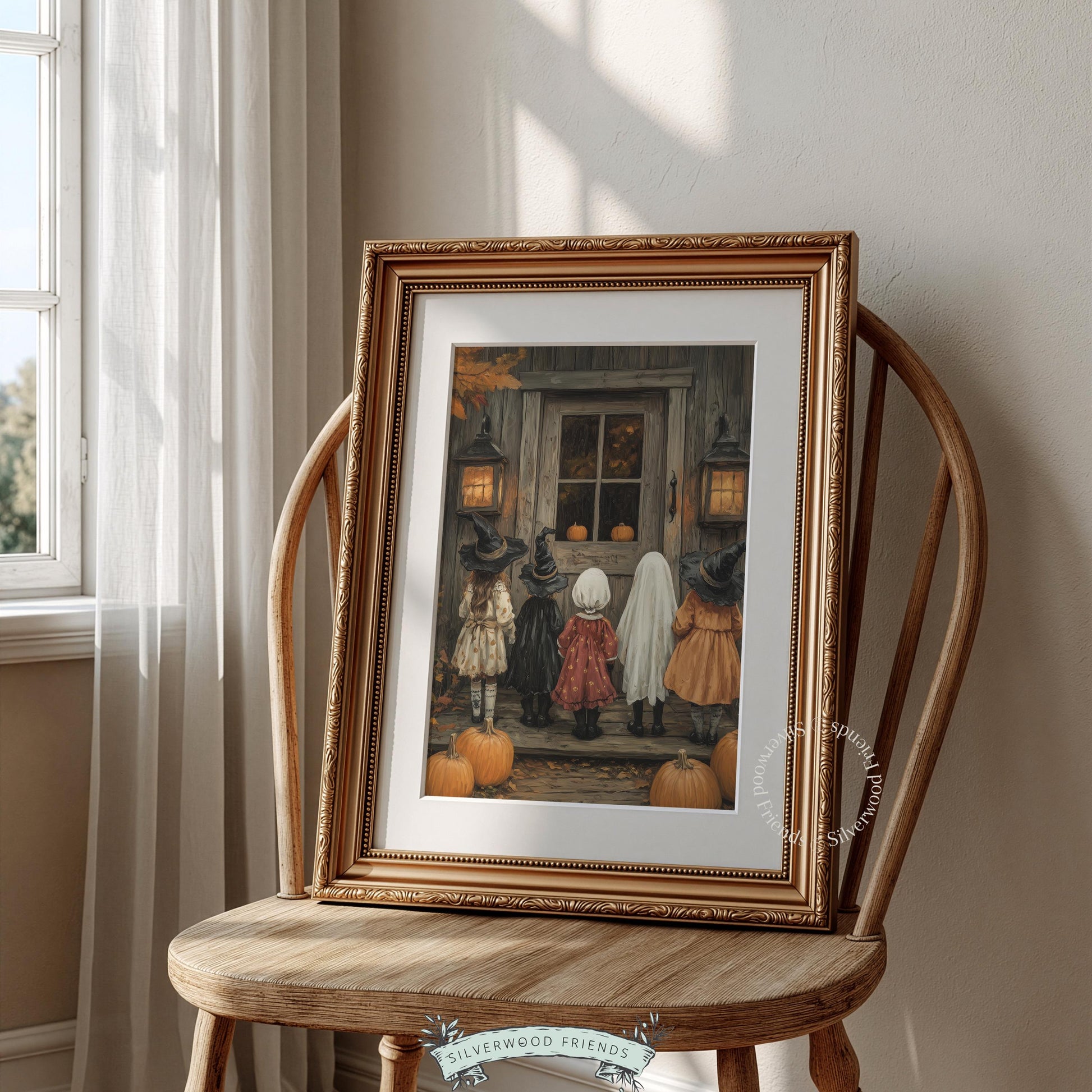 Halloween children wall decor instant download — soft brushwork painted art with orange pumpkins and muted palette