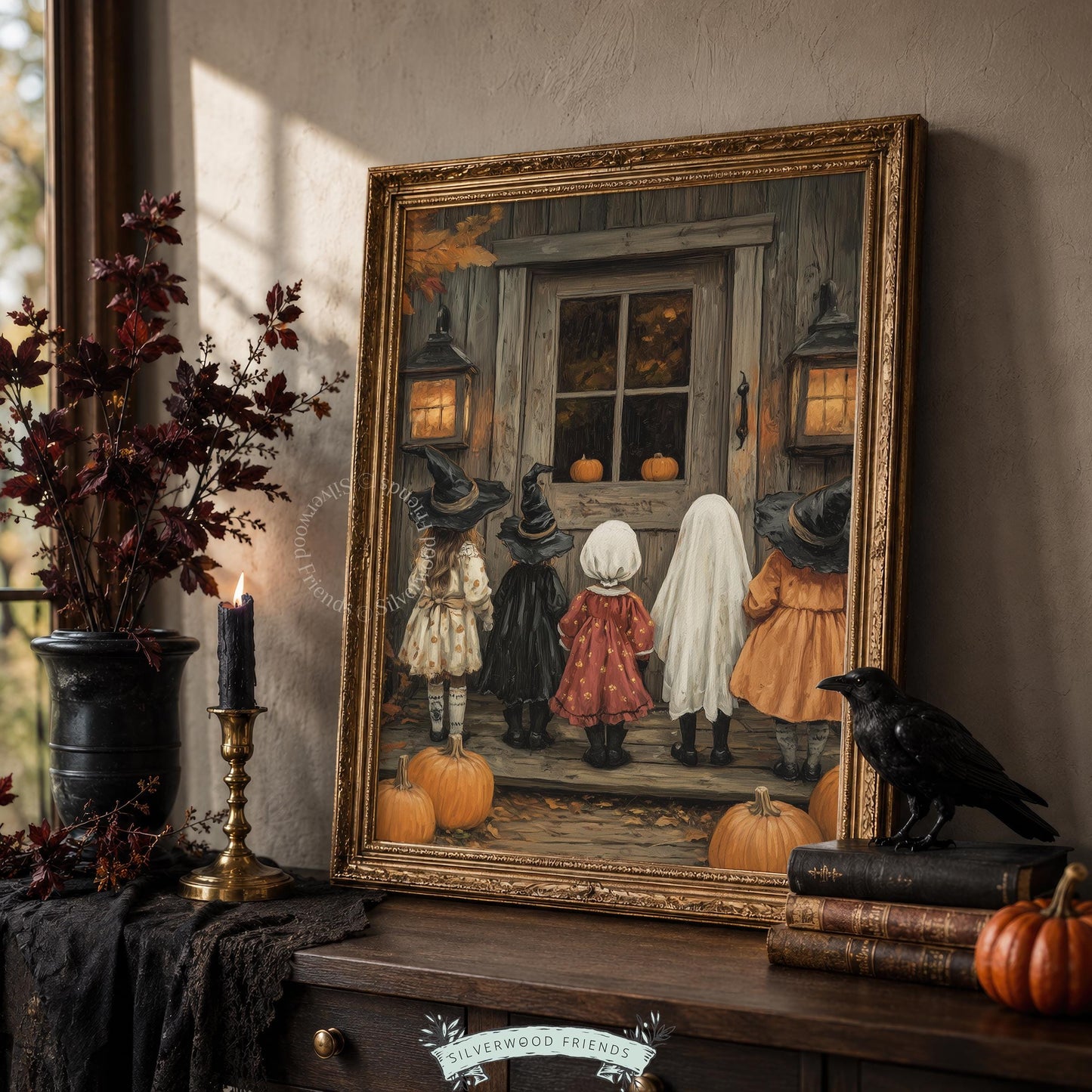 Spooky season children poster for family room — rustic farmhouse Halloween art with textured brushwork and cozy mood
