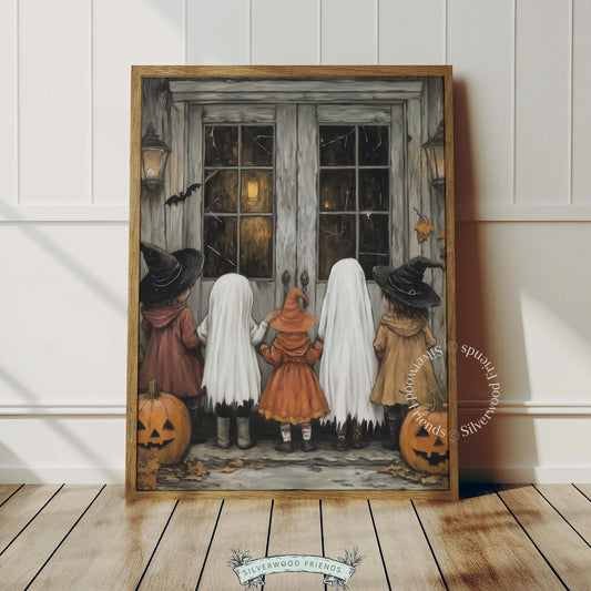 Festive autumn children's picture instant download — ghost and witch costume scene with carved pumpkins and moody lighting