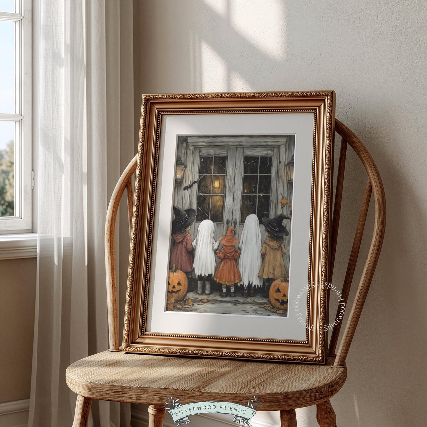 Autumn trick-or-treat scene printable for seasonal decor — kids in ghost and witch outfits, moody warm vintage illustration