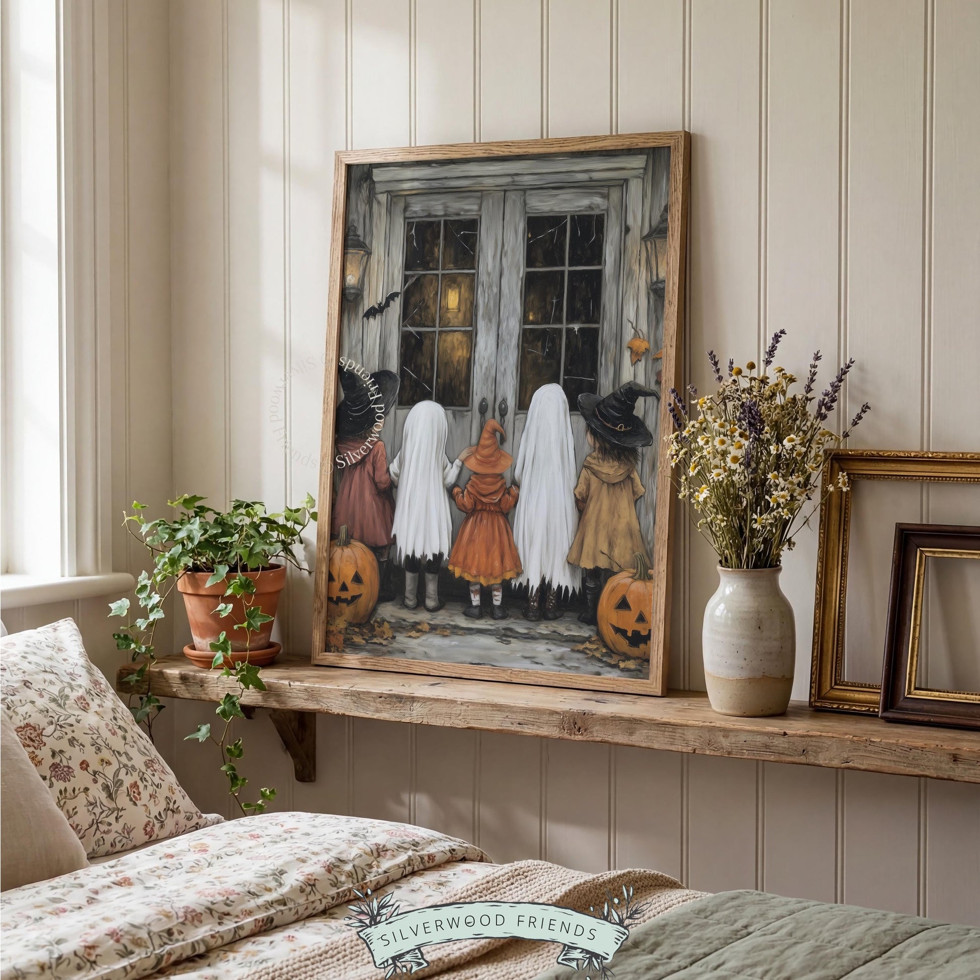Vintage Halloween scene printable wall art for playroom — kids at creepy entryway, detailed soft-shaded pencil illustration