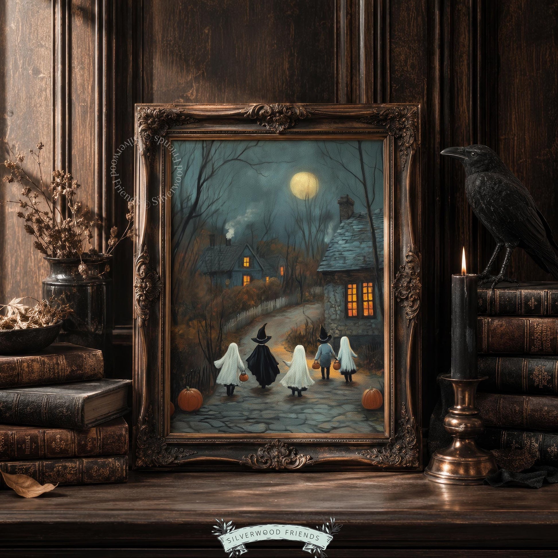 Eerie nighttime Halloween picture for hallway — children in festive disguises on stone path with pumpkins