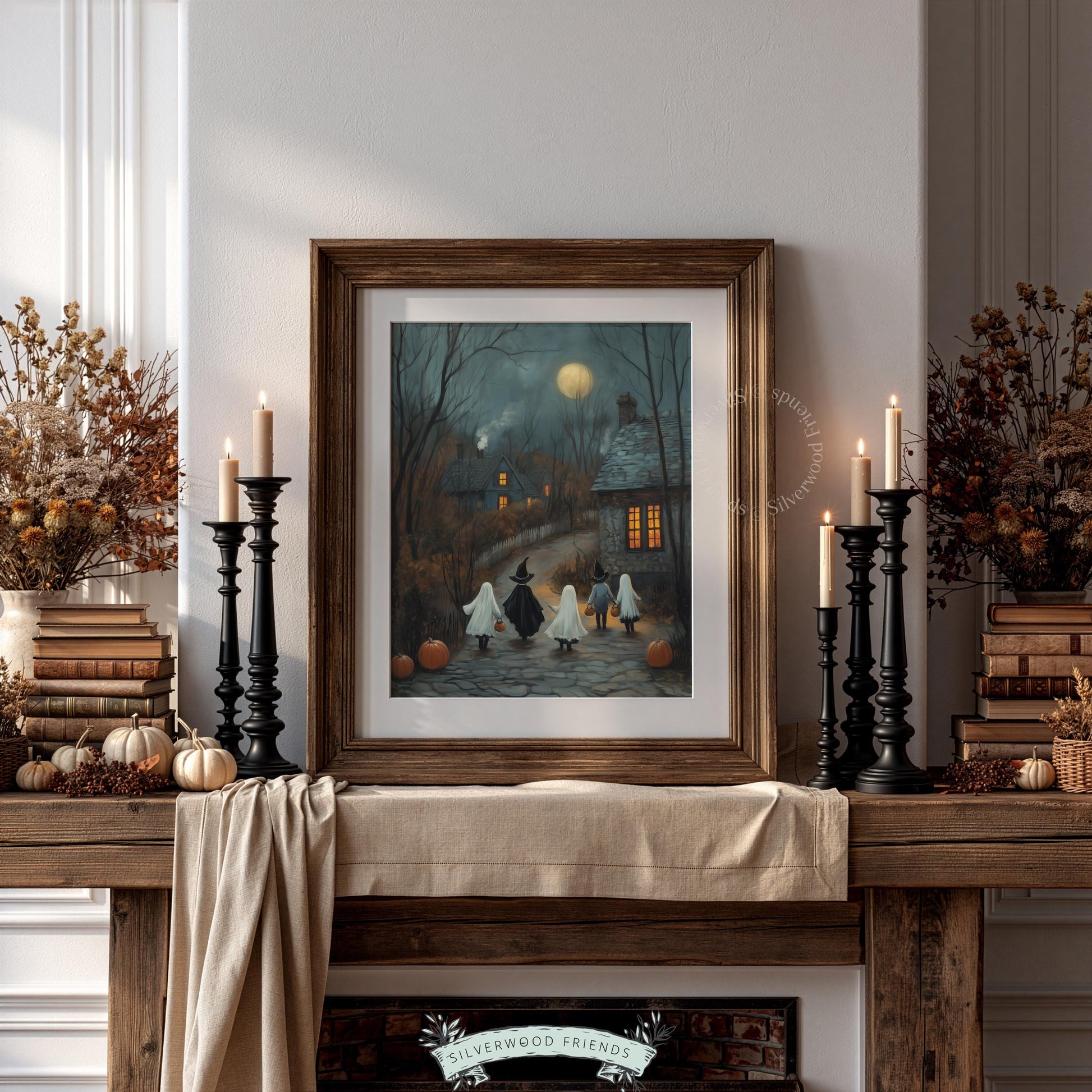 Vintage-style Halloween picture for entryway — costumed children approaching illuminated village houses