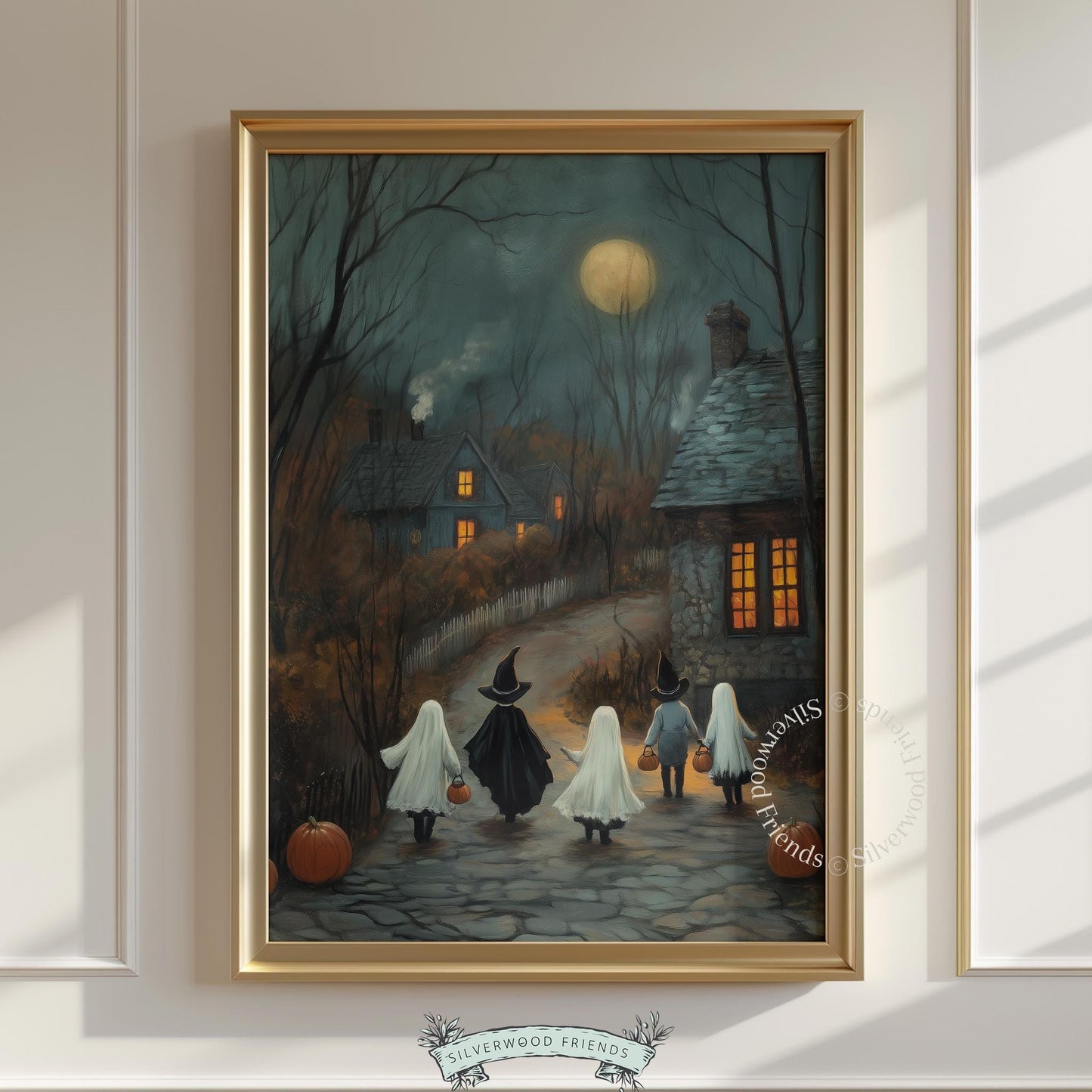 Vintage ghostly painting printable decor — Halloween walkers approaching village during moody twilight hour