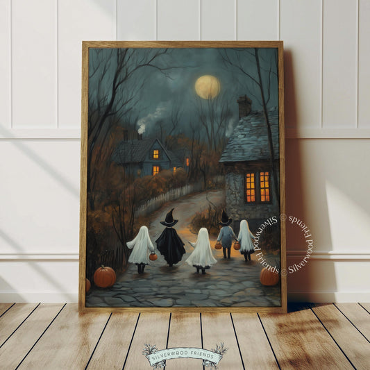 Moody vintage Halloween digital print for gallery wall — children's silhouettes journeying toward glowing hamlet refuge