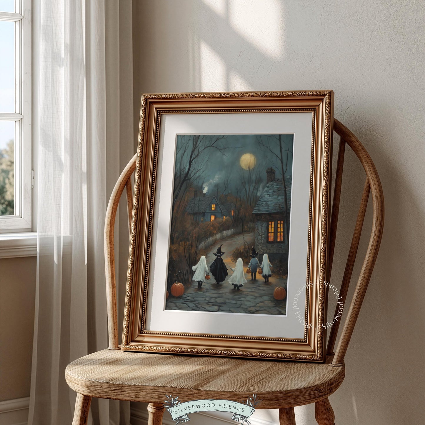 Dark moody Halloween wall decor featuring seasonal revelers — vintage brushwork with muted earthy palette