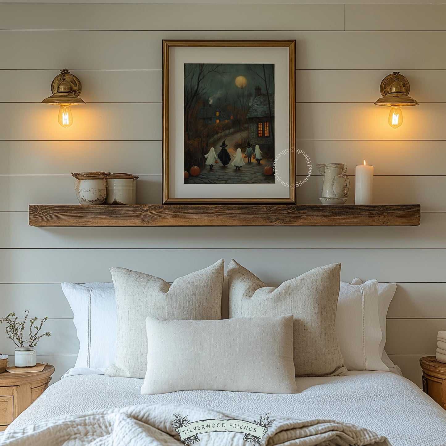 Trick-or-treating scene digital print for living room — cozy cottage lights against dark autumn evening