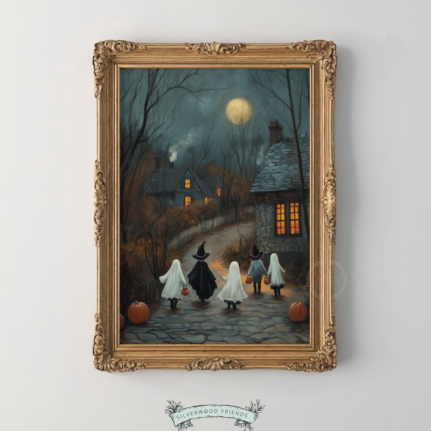 Spooky autumn evening painting digital download — trick-or-treaters journey toward warm amber cottage glow