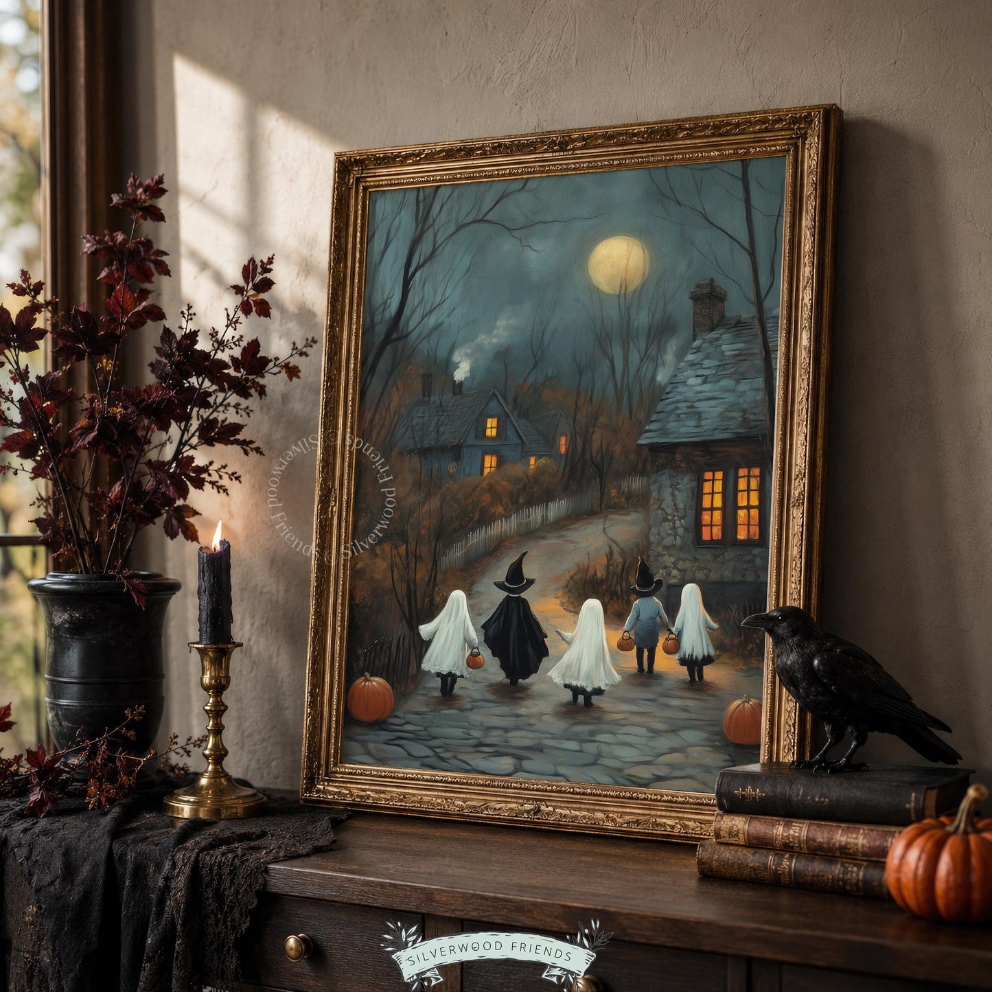 Witchy harvest season poster printable art — trick-or-treating kids under cloudy sky with glowing homestead