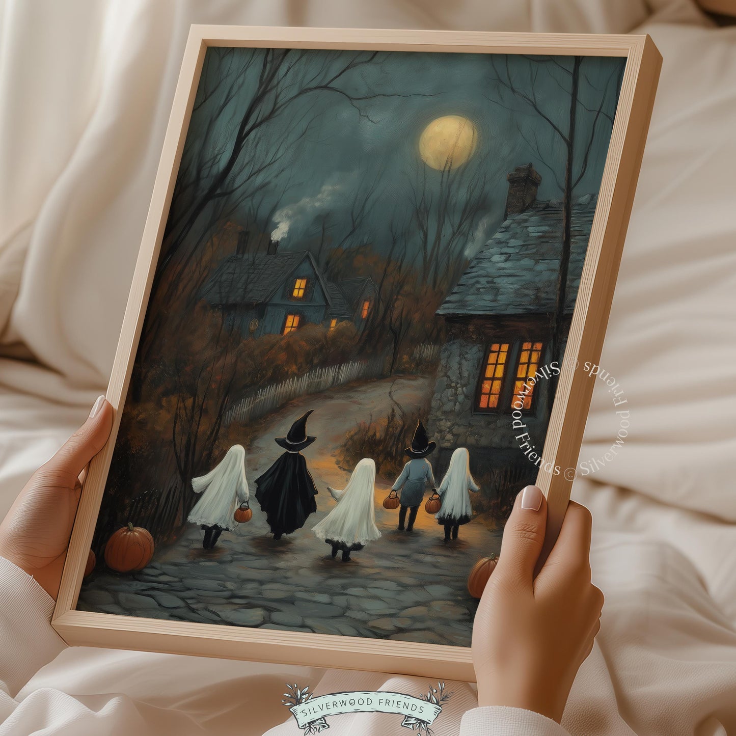 Halloween vintage poster art instant download — masked revelers on winding route with pumpkins and bare oaks