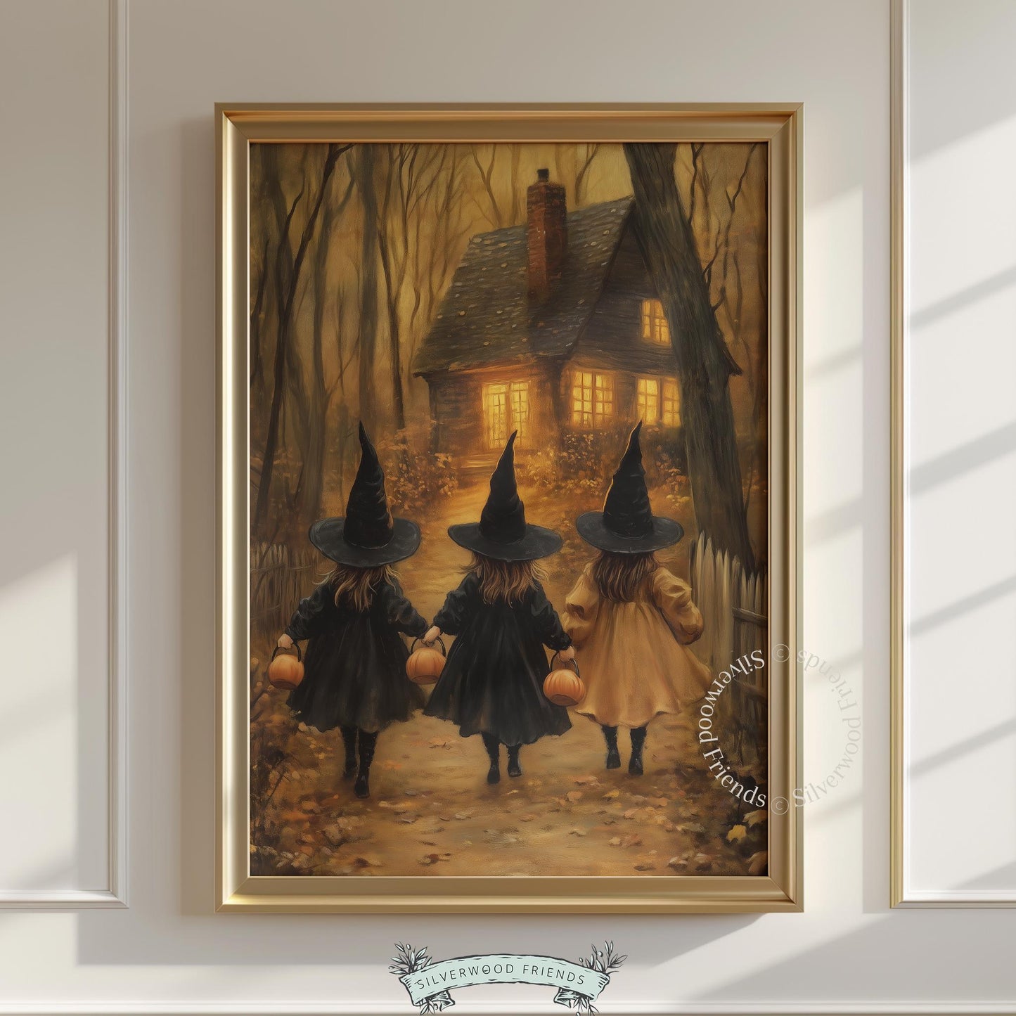 Candlelit cottage painting wall art for study — moody Halloween scene with trick-or-treating children and warm vintage color palette