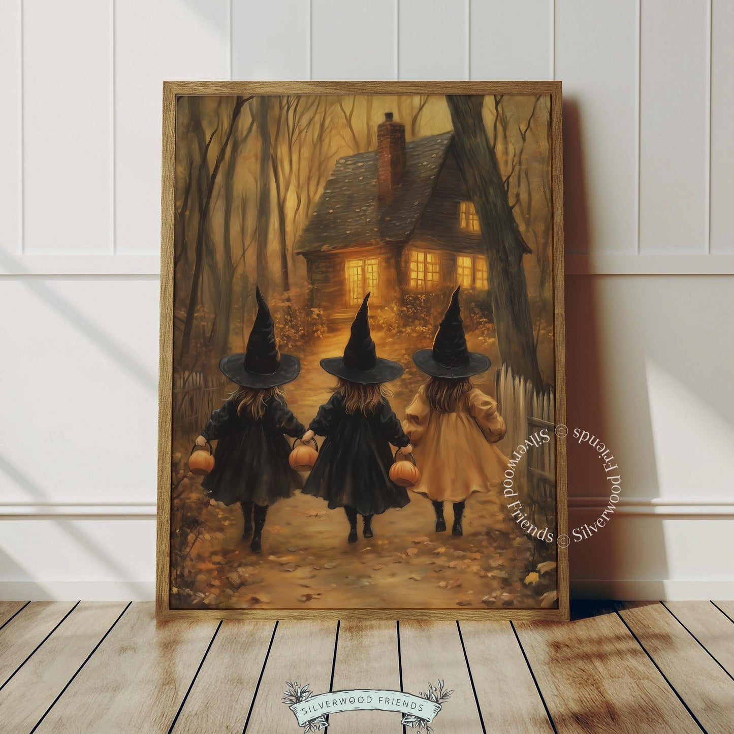 Witchy girls artwork digital print for nursery — Halloween illustration with pumpkins, forest trees, and warm vintage palette