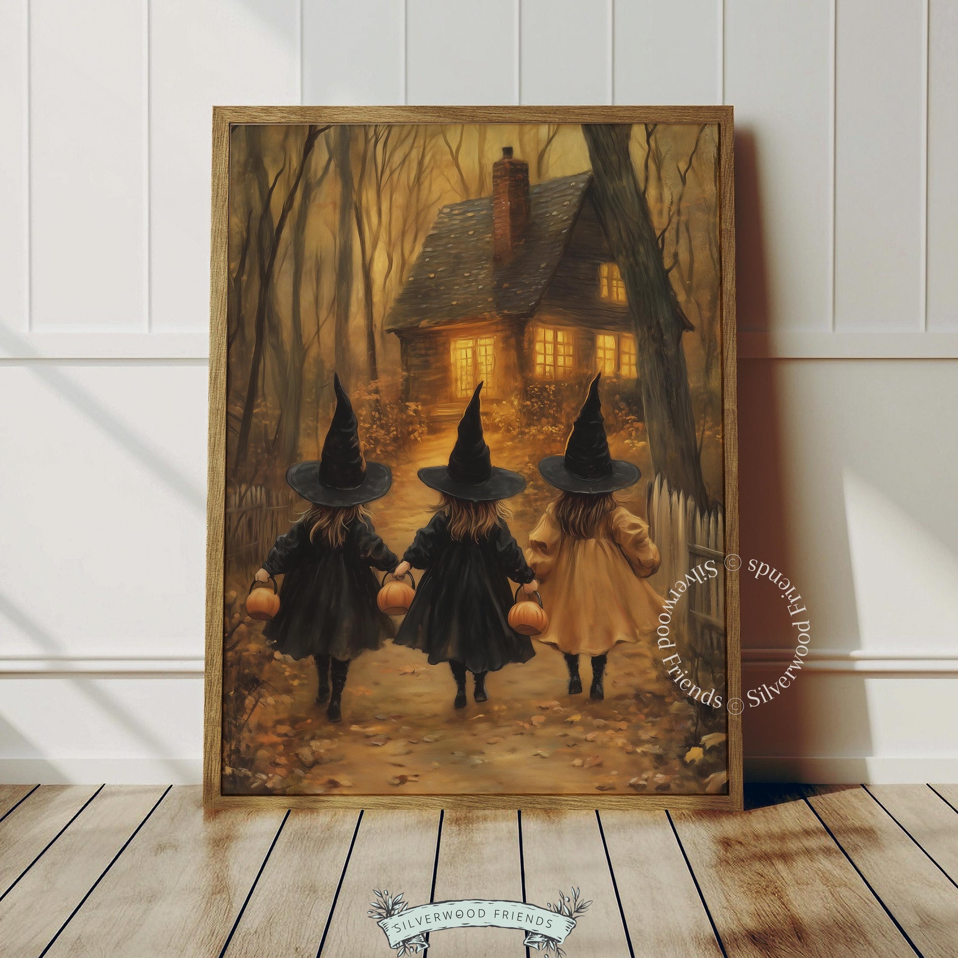 Witchy girls artwork digital print for nursery — Halloween illustration with pumpkins, forest trees, and warm vintage palette