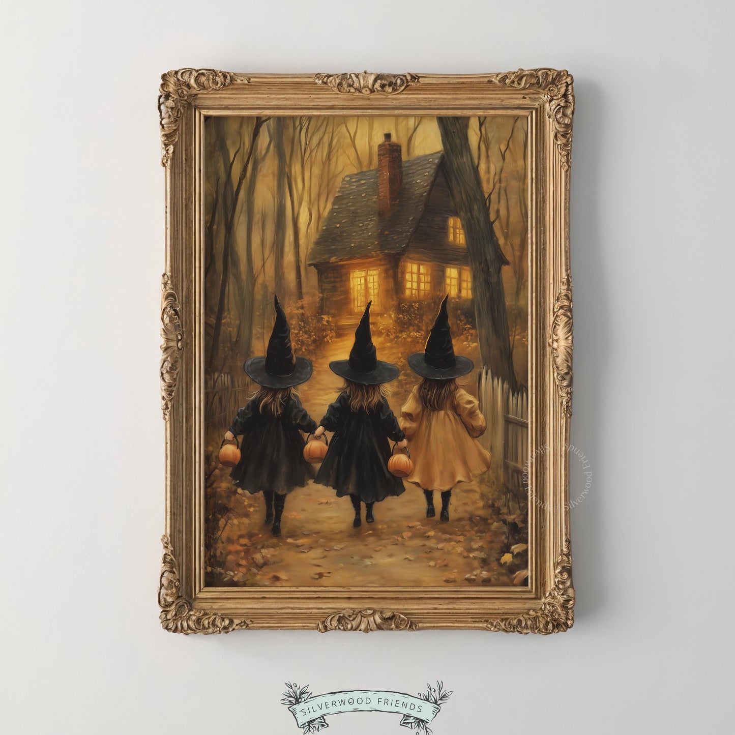 Spooky season wall art printable for nursery — three girls in witch costumes walking toward cottage with textured, aged storybook charm
