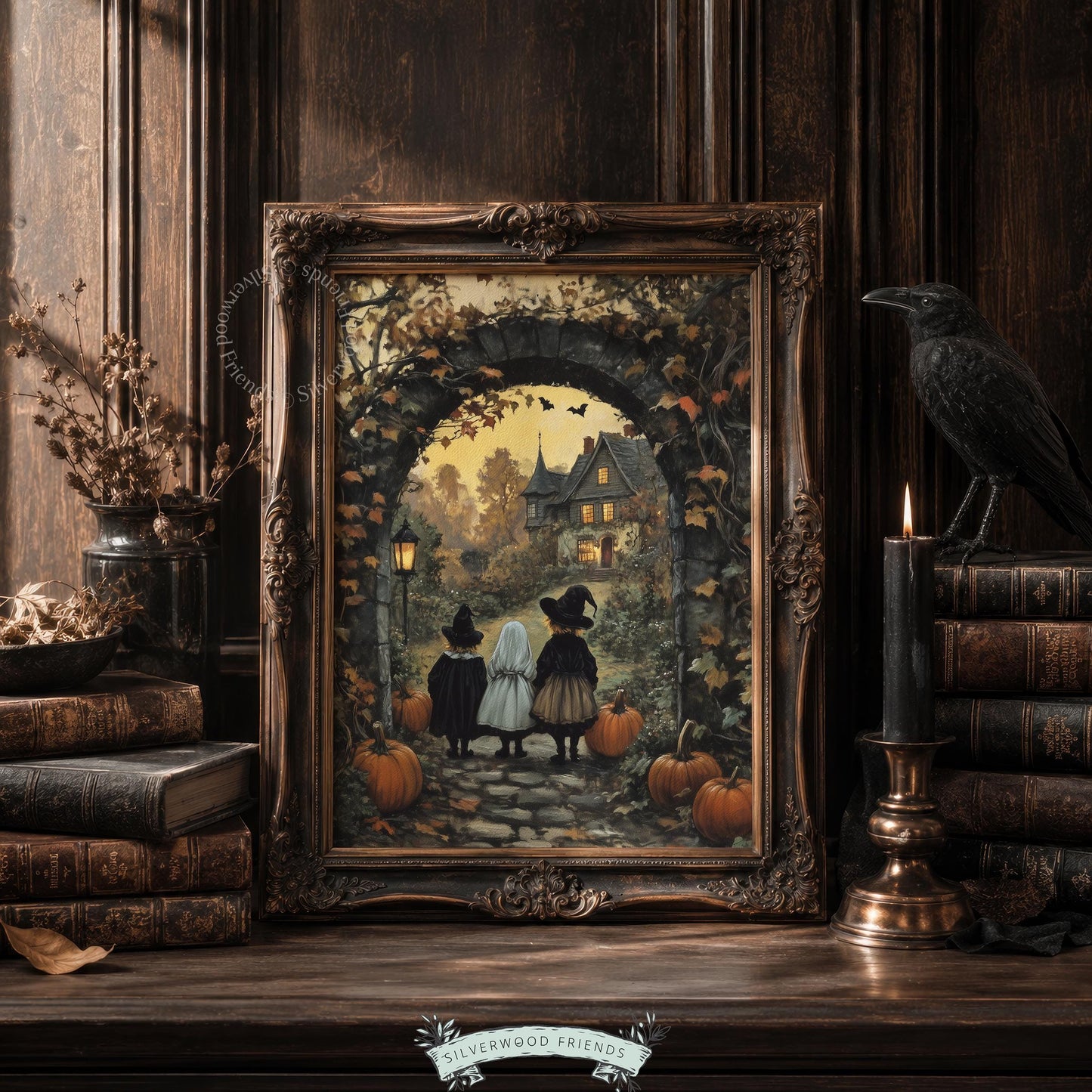 Three trick-or-treaters approaching Victorian mansion painting for fall living room wall art