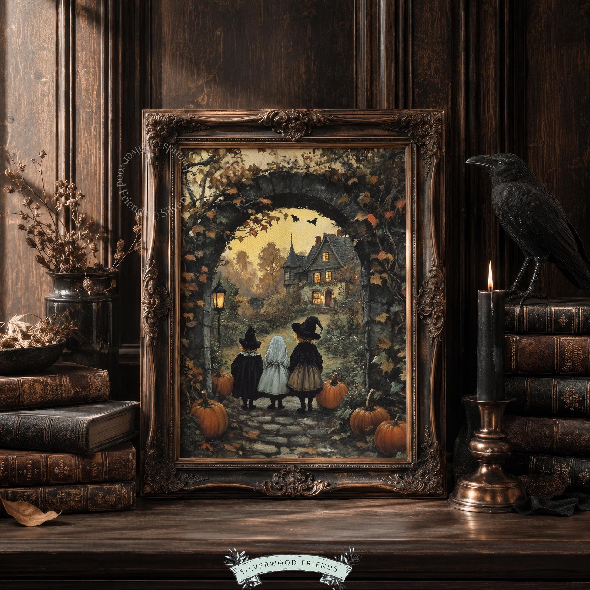 Three trick-or-treaters approaching Victorian mansion painting for fall living room wall art