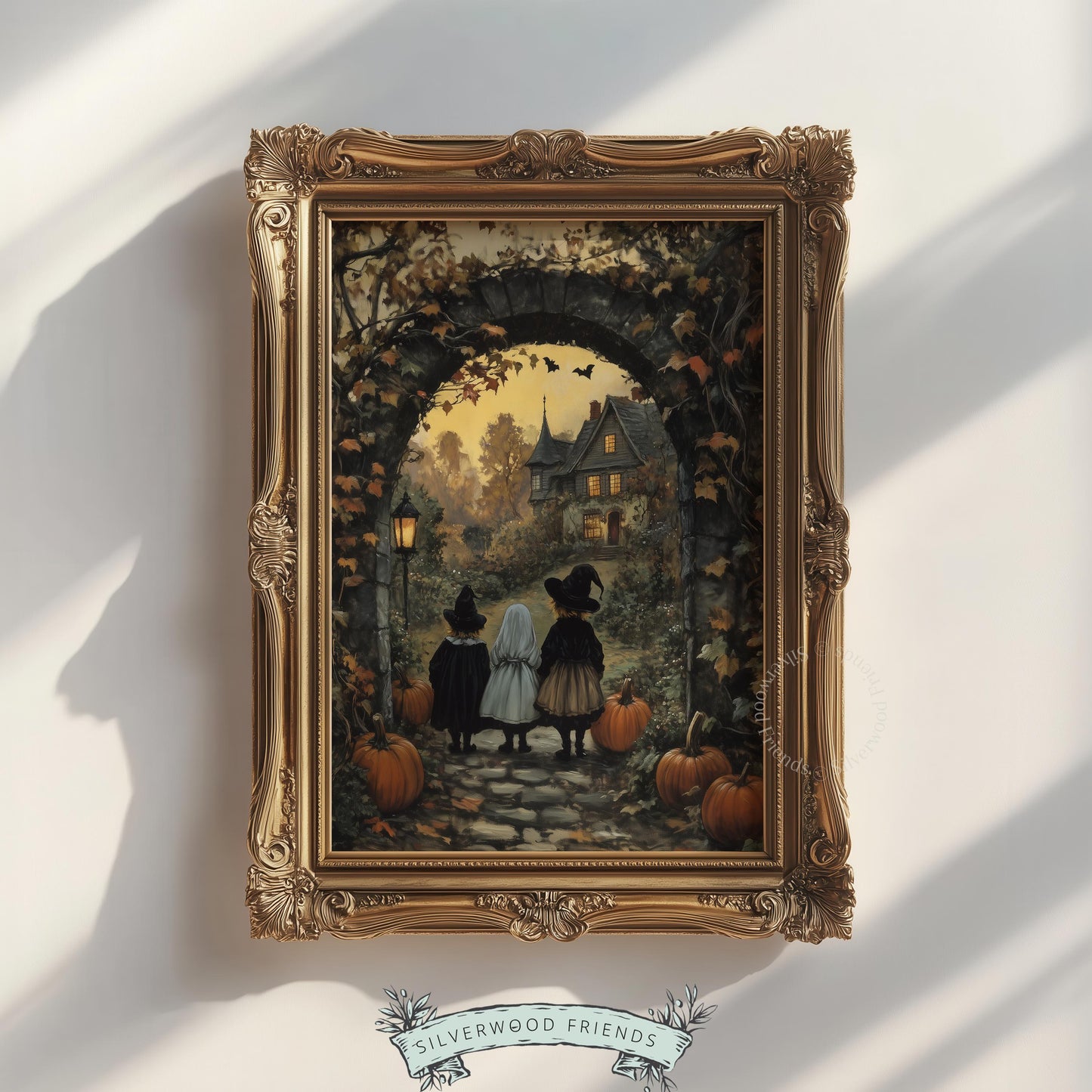 Young witches and ghost figure digital print for cozy Halloween bedroom aesthetic