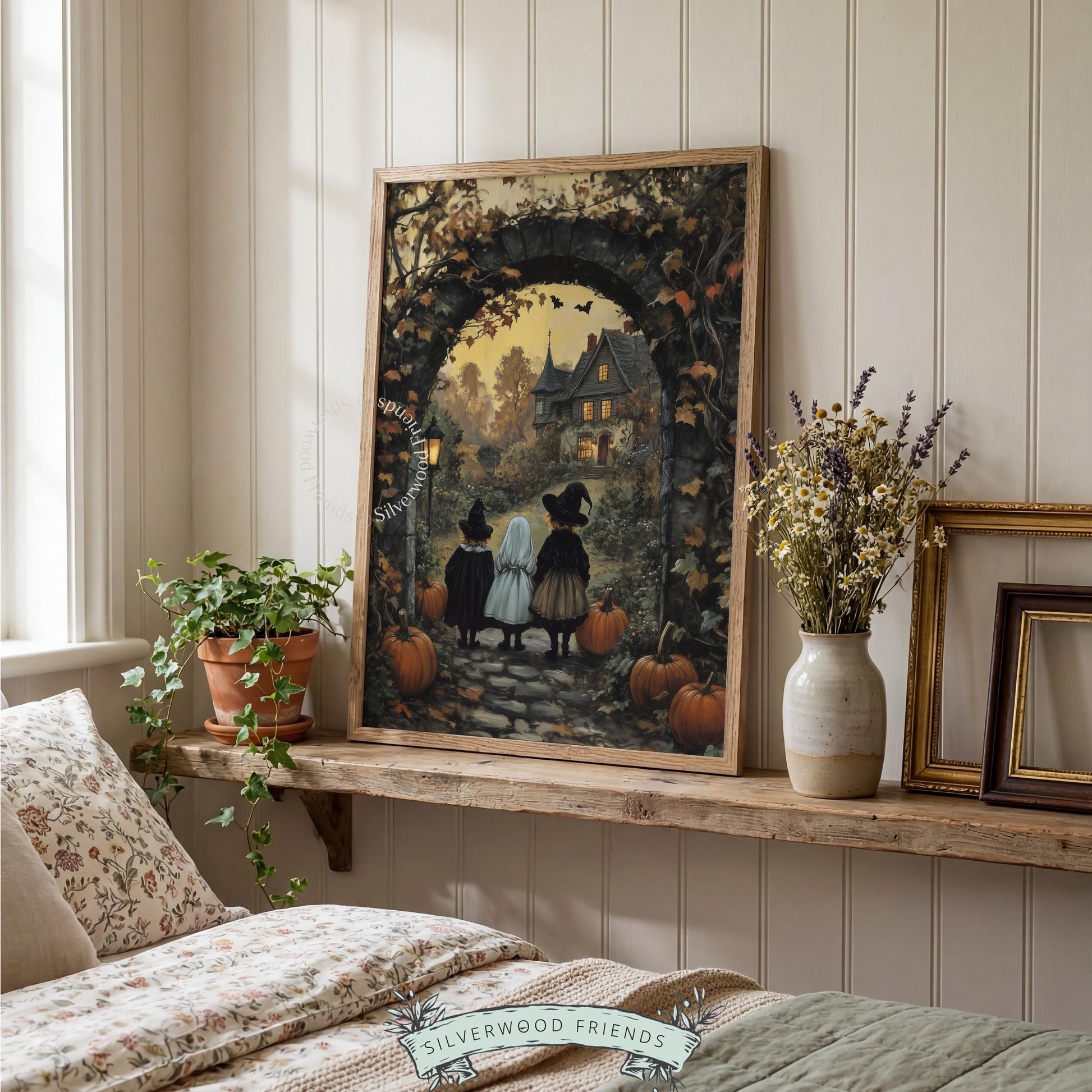 Vintage-style Halloween scene wall art for dark academia cottagecore spaces