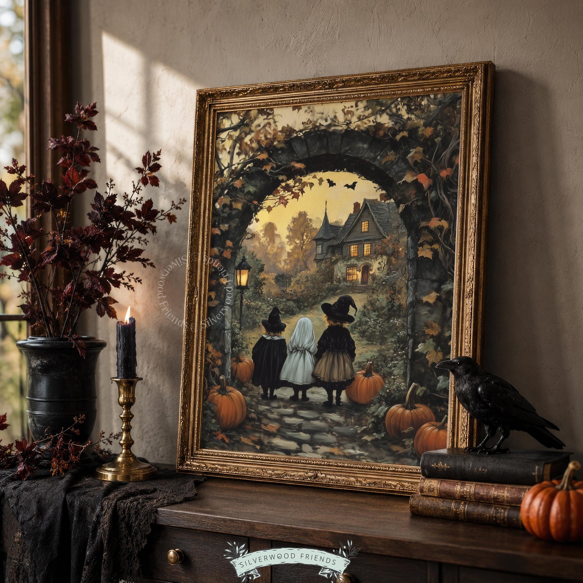 Golden-hour haunted house scene poster with young characters for fall hosting spaces