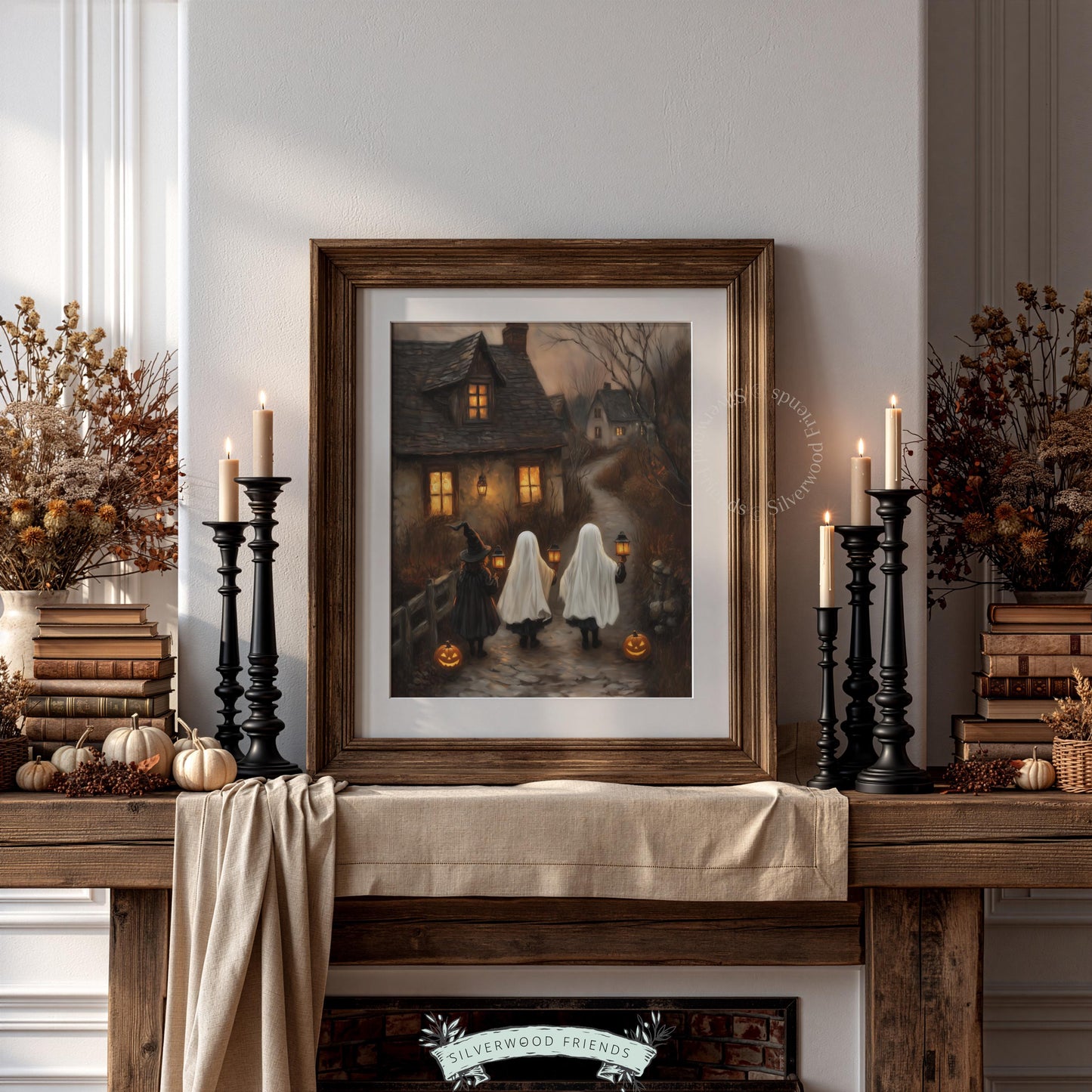 Seasonal atmosphere artwork print for autumn decor — Halloween children's gathering with glowing destination