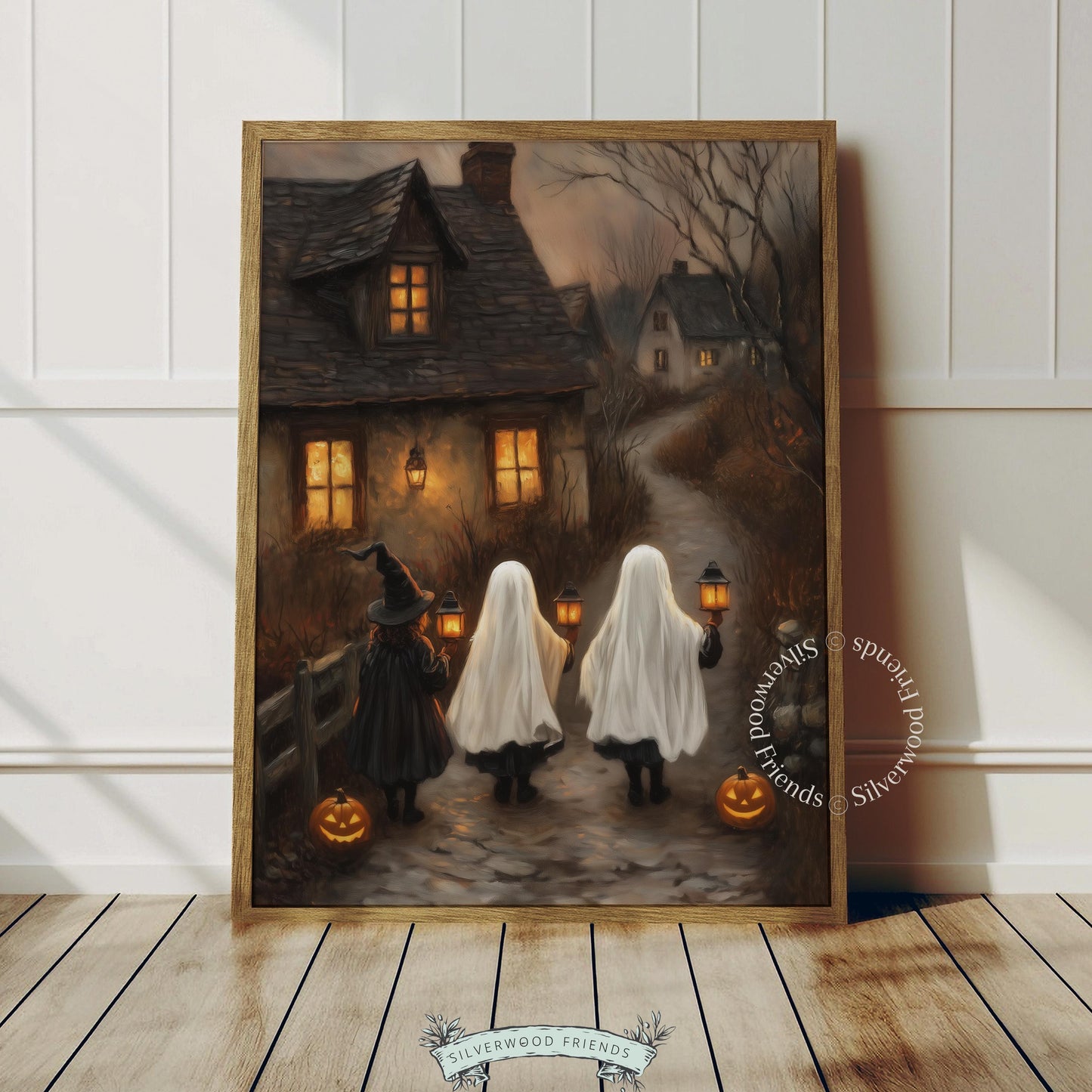 Halloween night picture printable art — young costumed figures on winding path with golden lantern light