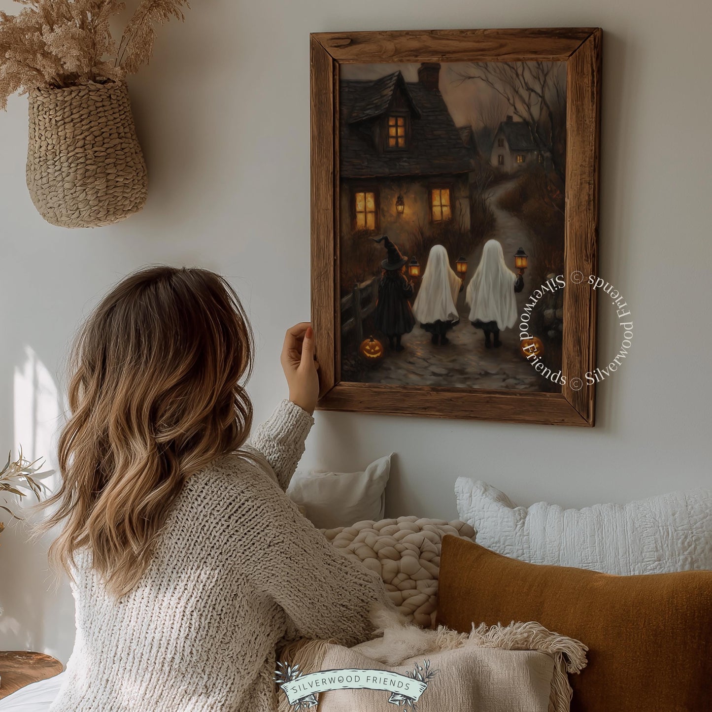 Ghost sheet costume poster for nursery — atmospheric Halloween scene with glowing pathway and bare trees