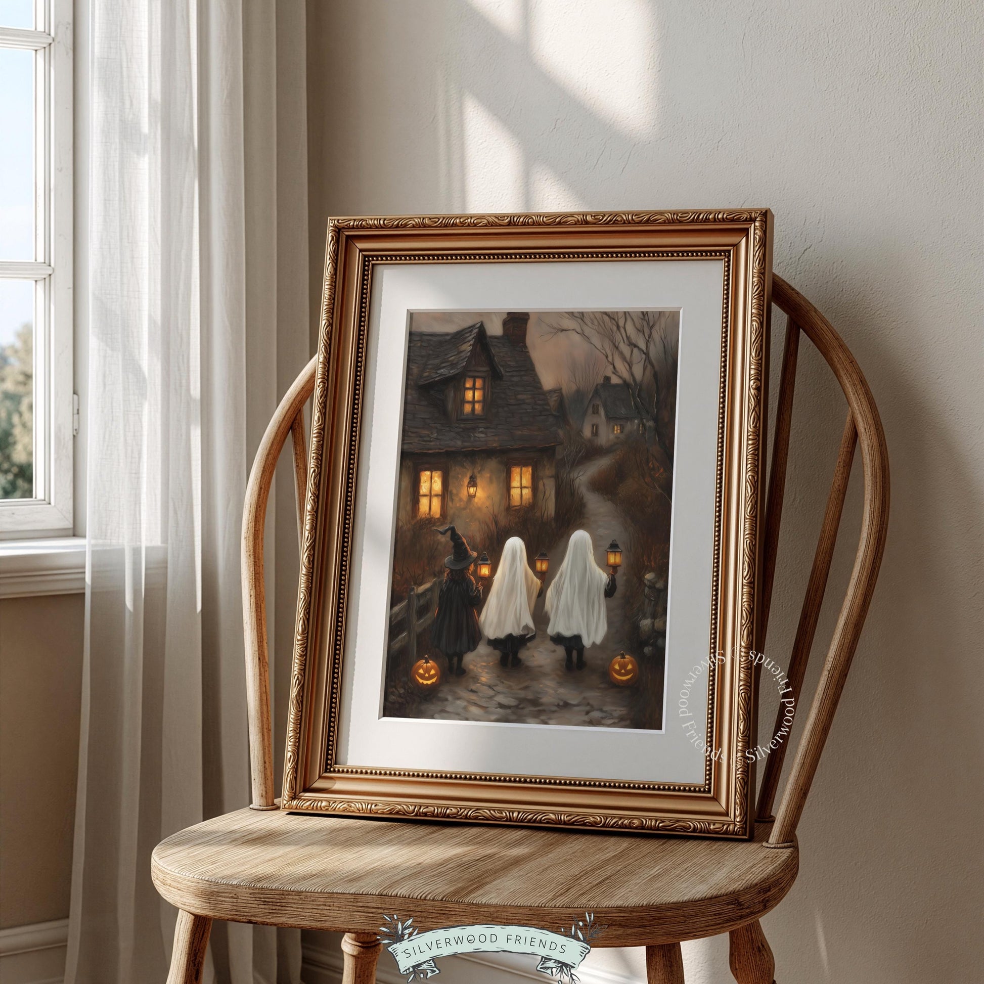 Halloween trick-or-treat poster art — dark brown and gray palette with warm golden illumination effects
