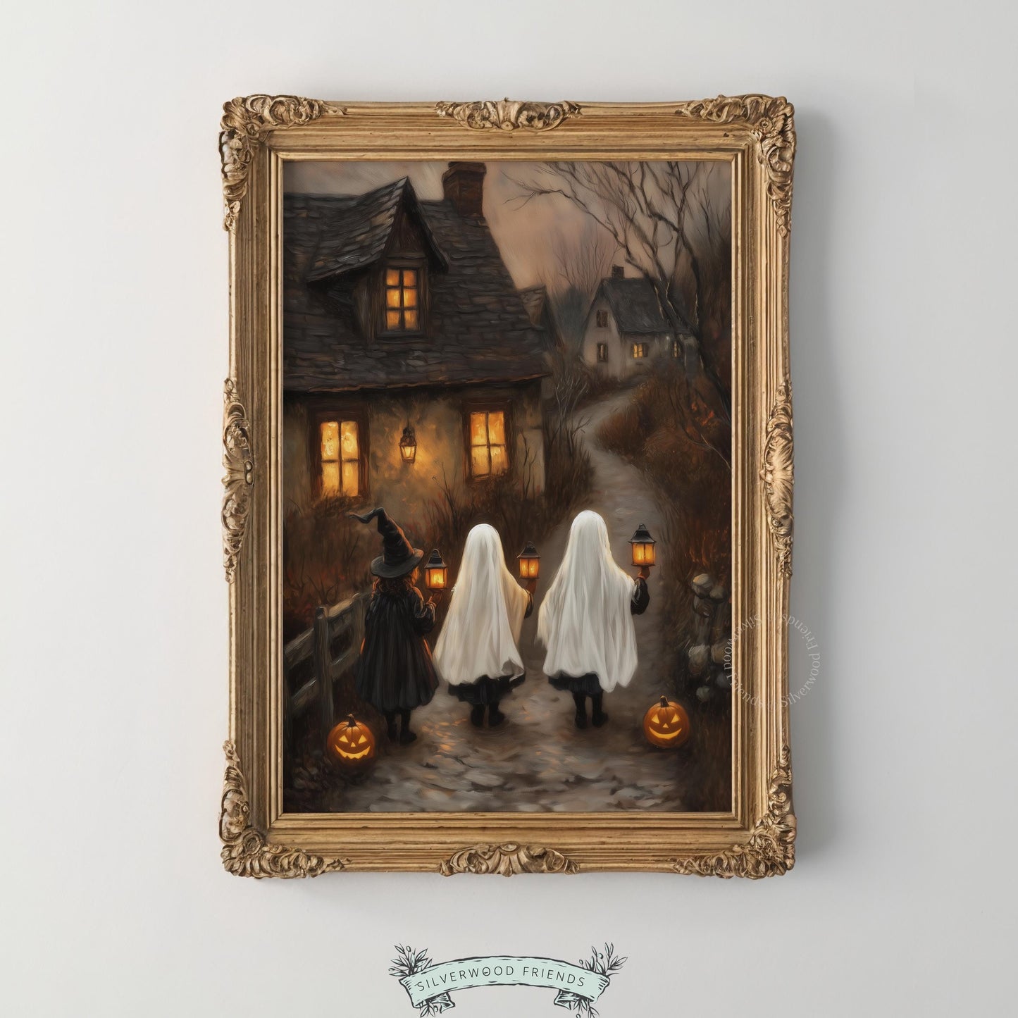 Moody autumn cottage print for witchy home — children in ghost and witch costumes with lantern glow