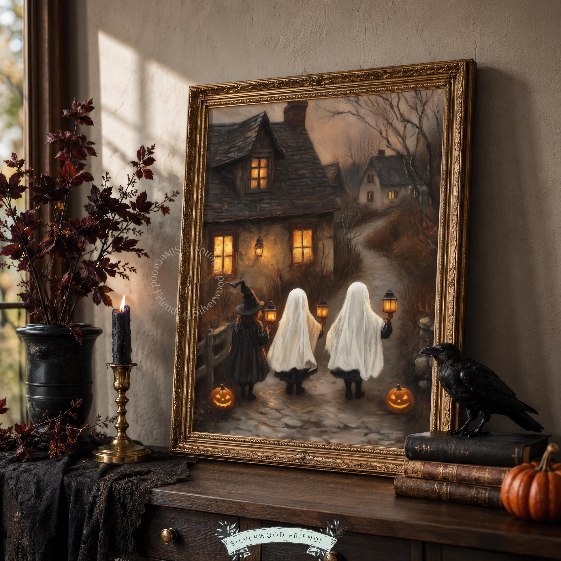 Spooky cozy painting printable art — young trick-or-treaters in classic costumes approaching glowing home