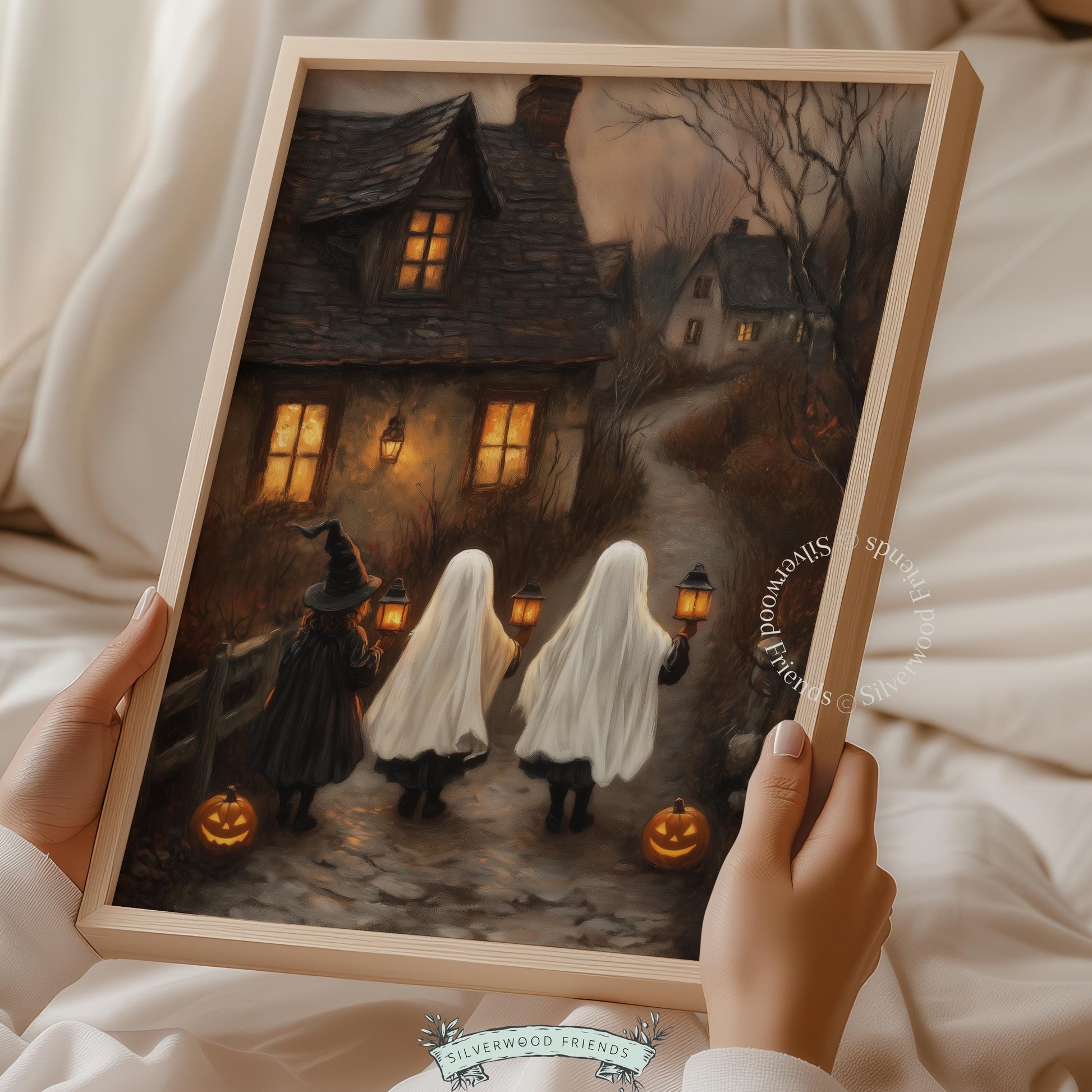 Trick-or-treating scene painting for living room — spooky cozy aesthetic with jack-o-lanterns and misty cottage
