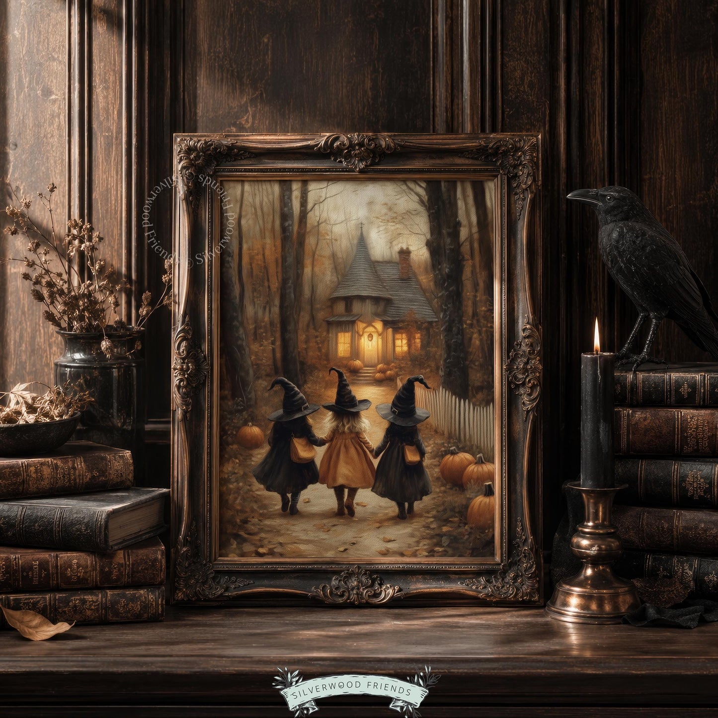 Witches' path wall art for den — moody cottagecore with soft lighting and seasonal decay scenery