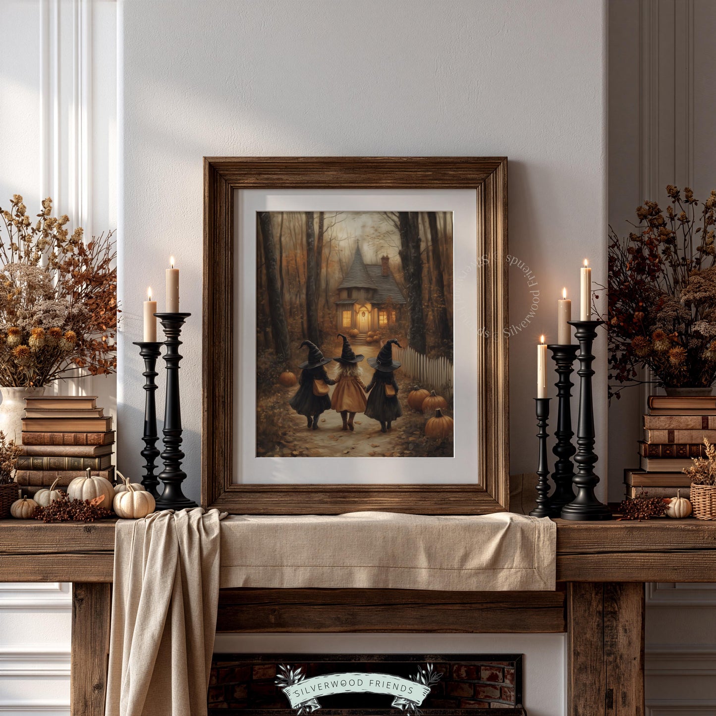 Three witches walking forest path printable art for hallway — vintage Halloween cottage with warm amber lighting